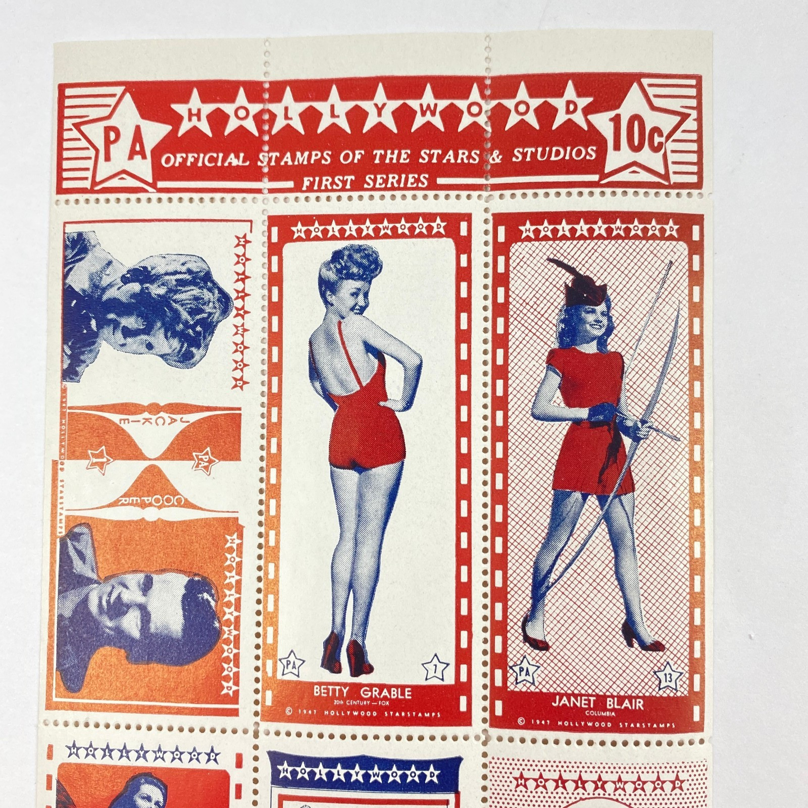 1947 Hollywood Starstamps Sheet Betty Grable Rhonda Fleming Janet Blair VTG