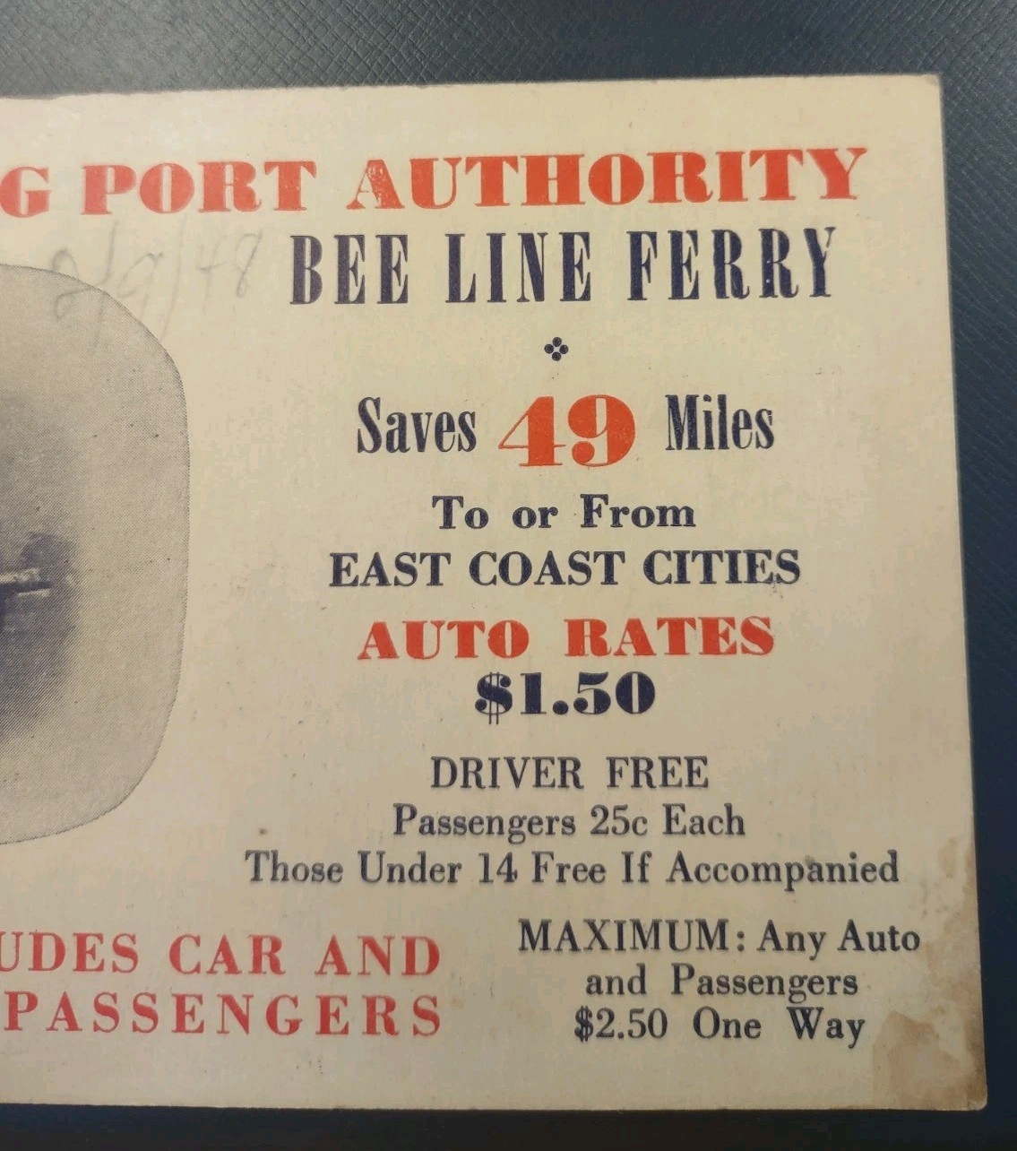 1947 St Petersburg Port Bee Line Ferry Winter Schedule Advertising Card