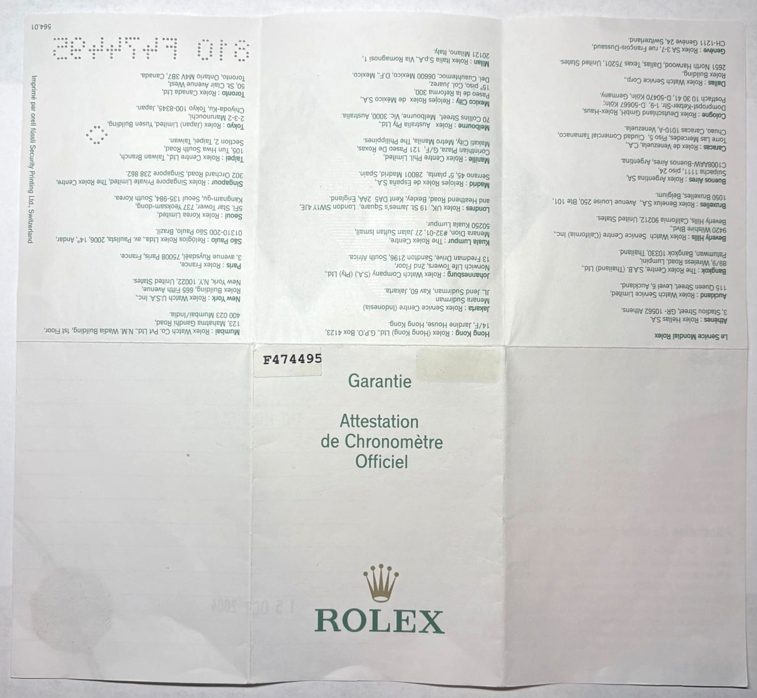 Authentic Rolex 2000s Blank Warranty Certificate Guarantee 2004 F Serial