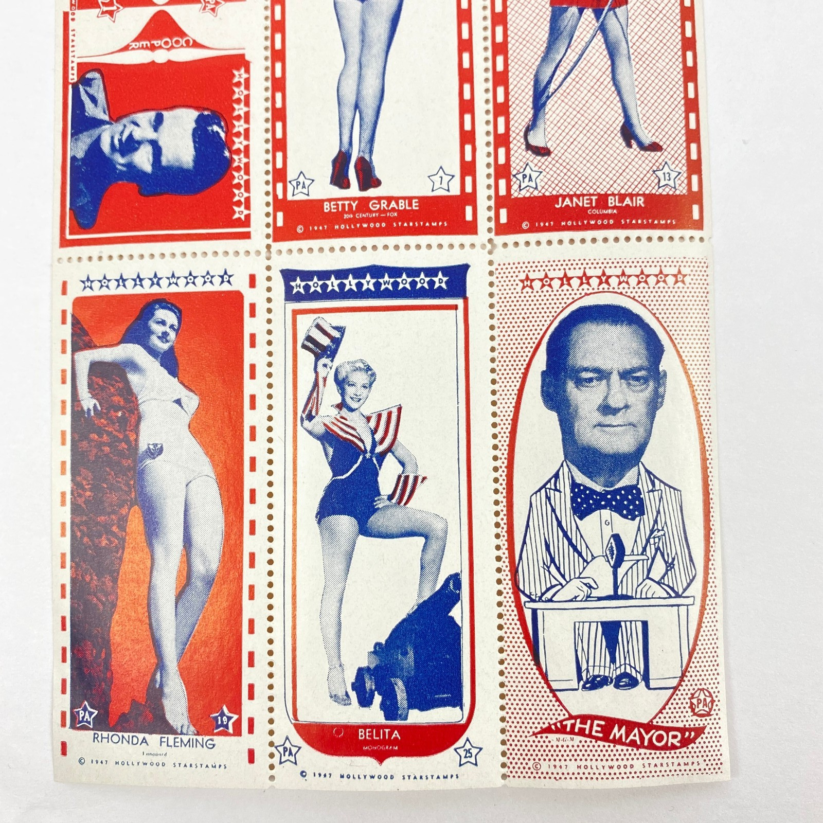 1947 Hollywood Starstamps Sheet Betty Grable Rhonda Fleming Janet Blair VTG