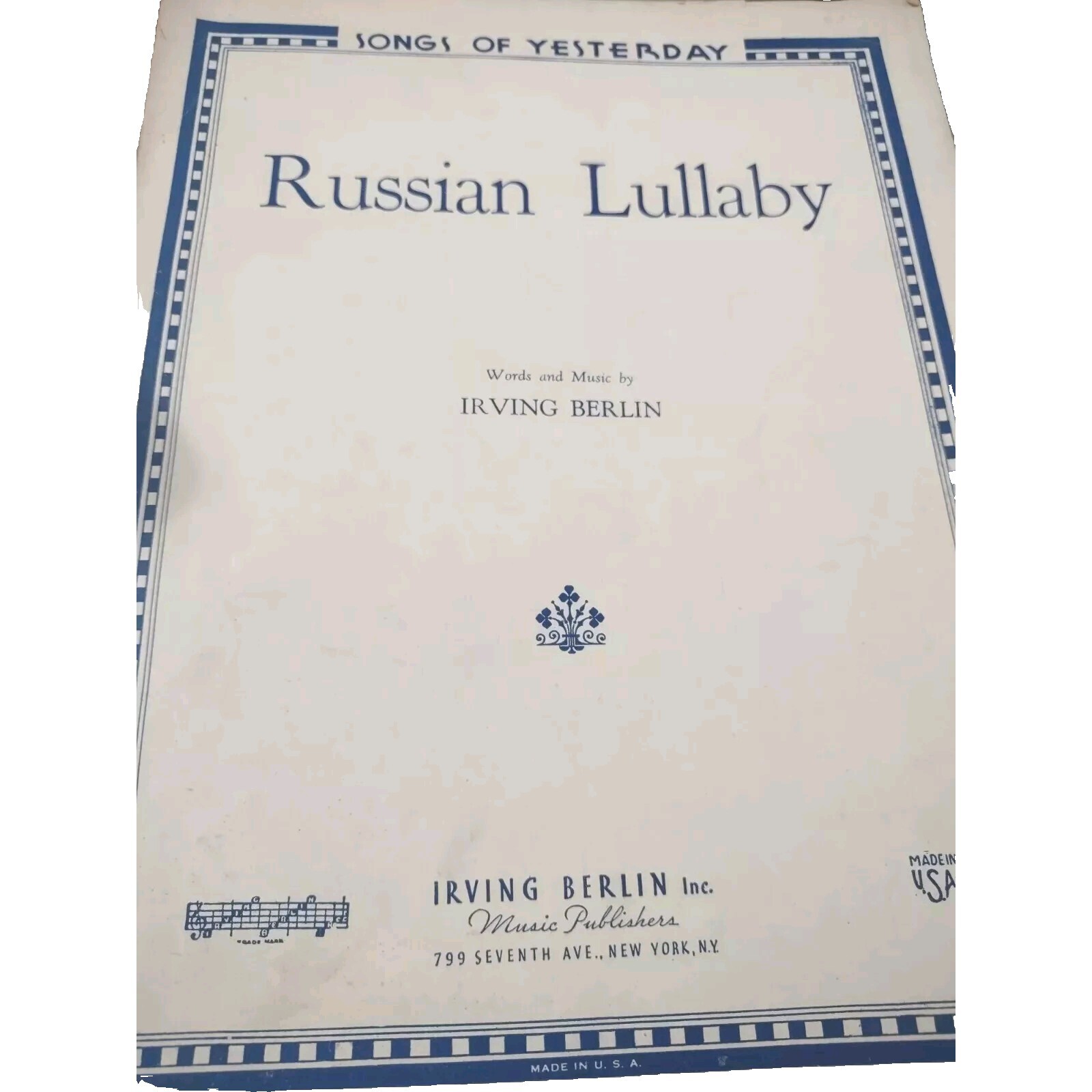 Vintage Epherma Sheet Music – 1927 – Russian Lullaby by Irving Berlin.