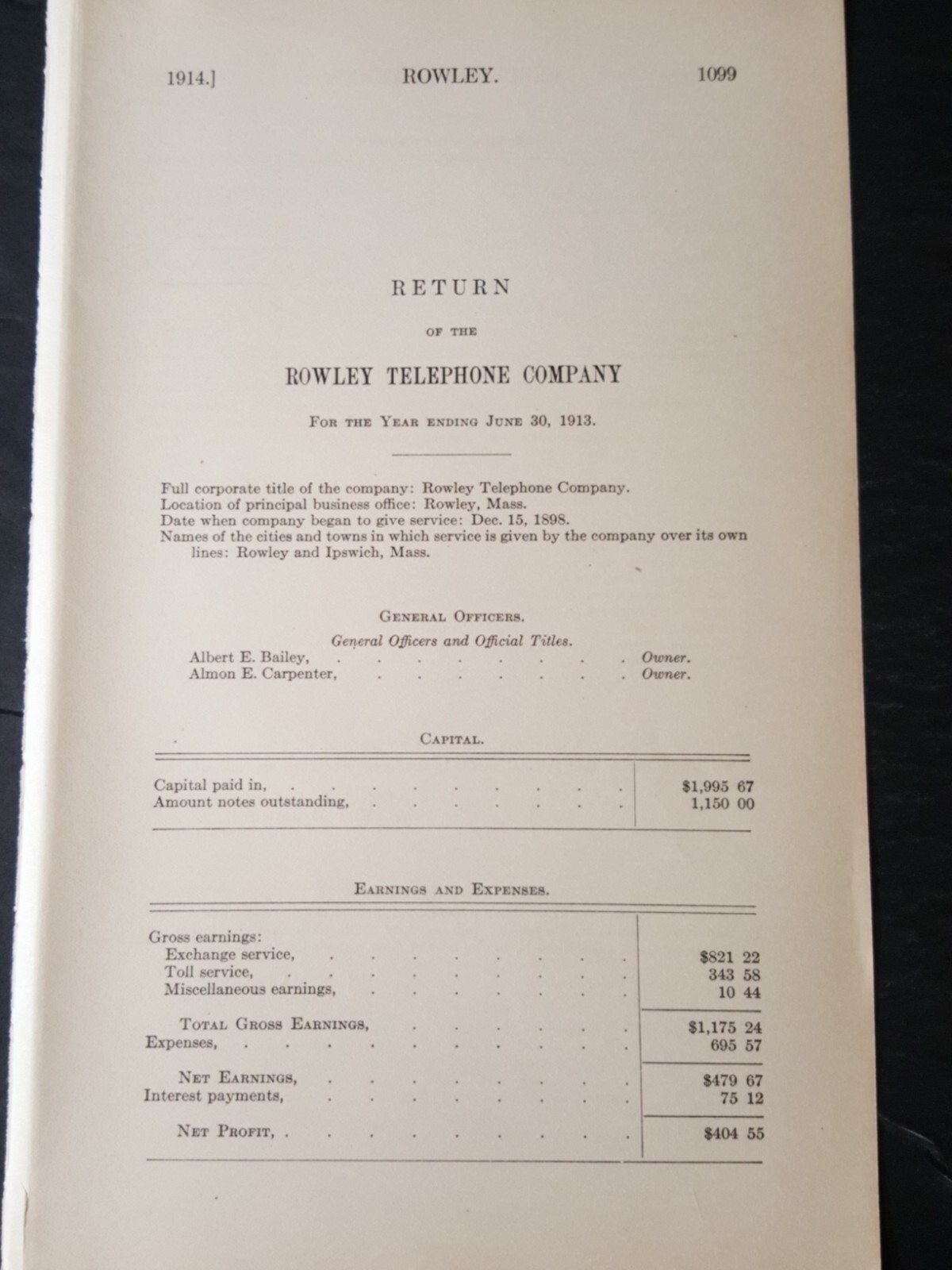 1913 report ROWLEY TELEPHONE COMPANY Massachusetts Essex County Ipswich MA