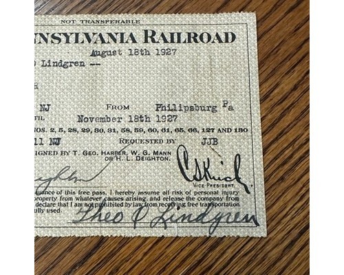 Pennsylvania Railroad Employee Pass 1927 Newark to Philipsburg Railroadiana