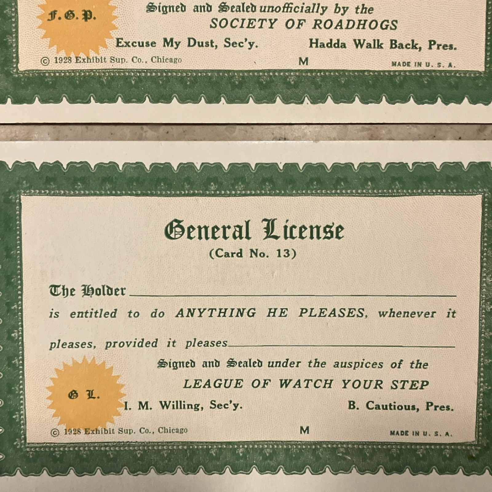 Vintage Exhibit Supply Co. Novelty Cards & Licenses Lot of 6 1928 & 1938