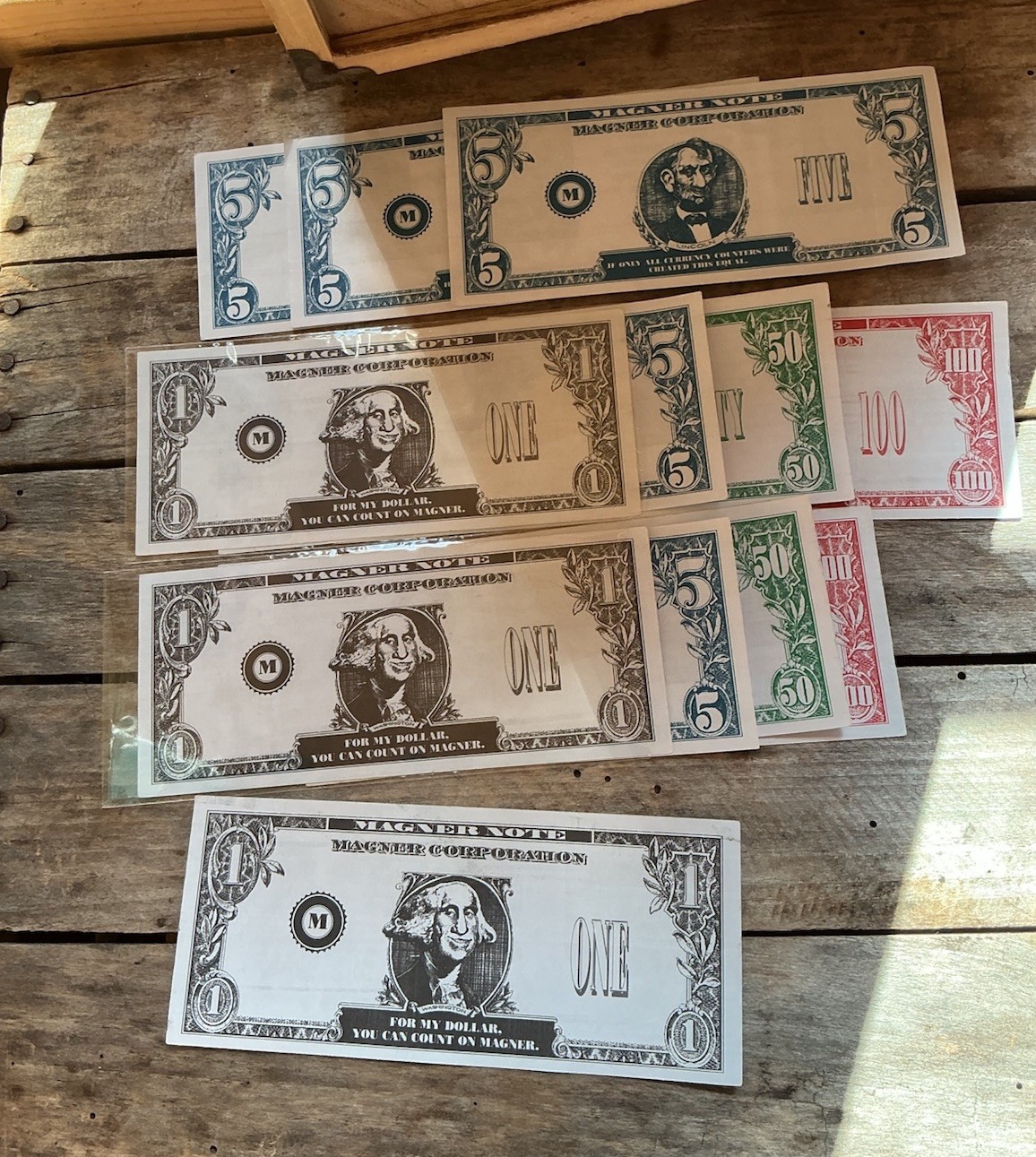 RARE Magner Corp Test Money Bank note lot $5 $1 $50 $100 ROGUE NOTES testing