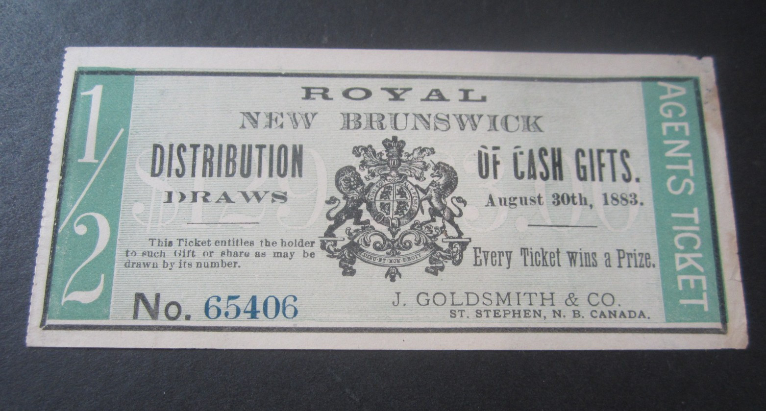 1883 – ROYAL NEW BRUNSWICK – Agents TICKET – SCAM LOTTERY – Canada