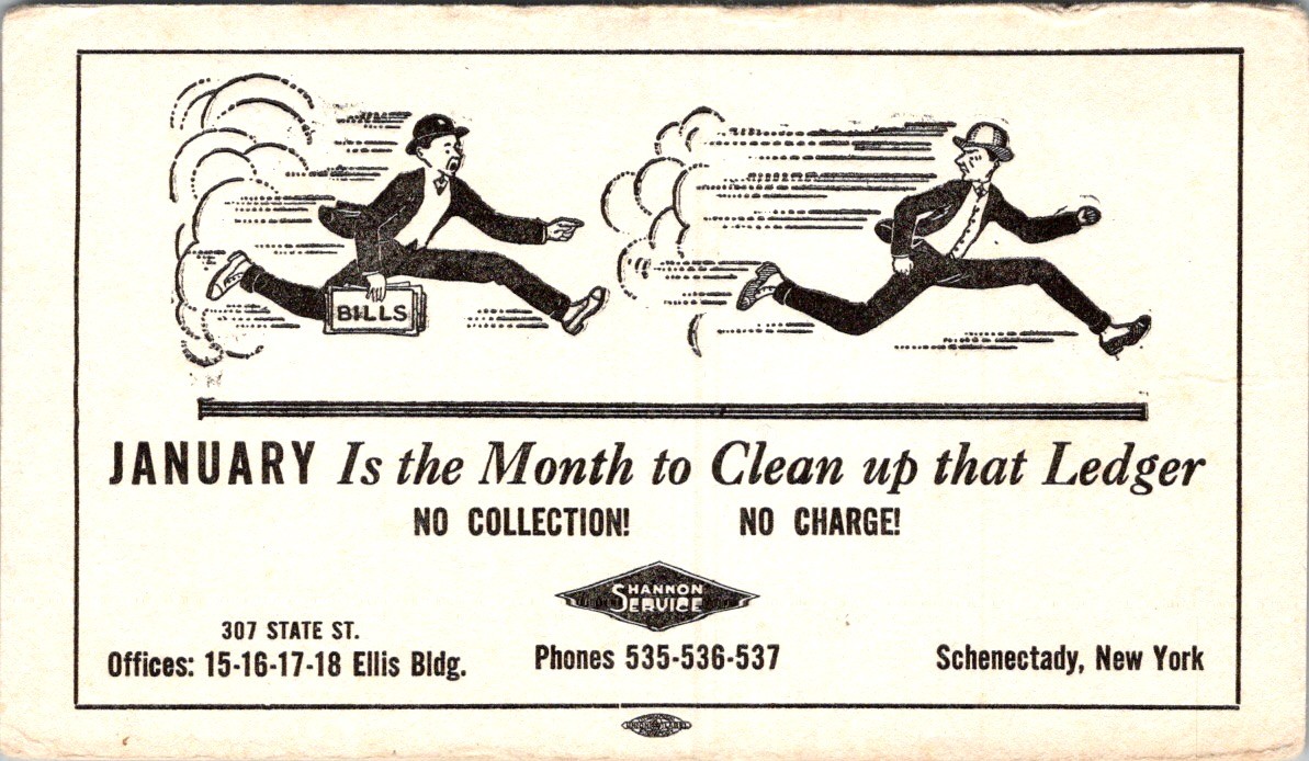 Shannon Service Blotter 1950s Jan Clean Ledger Schenectady NY Debt Collection Ad