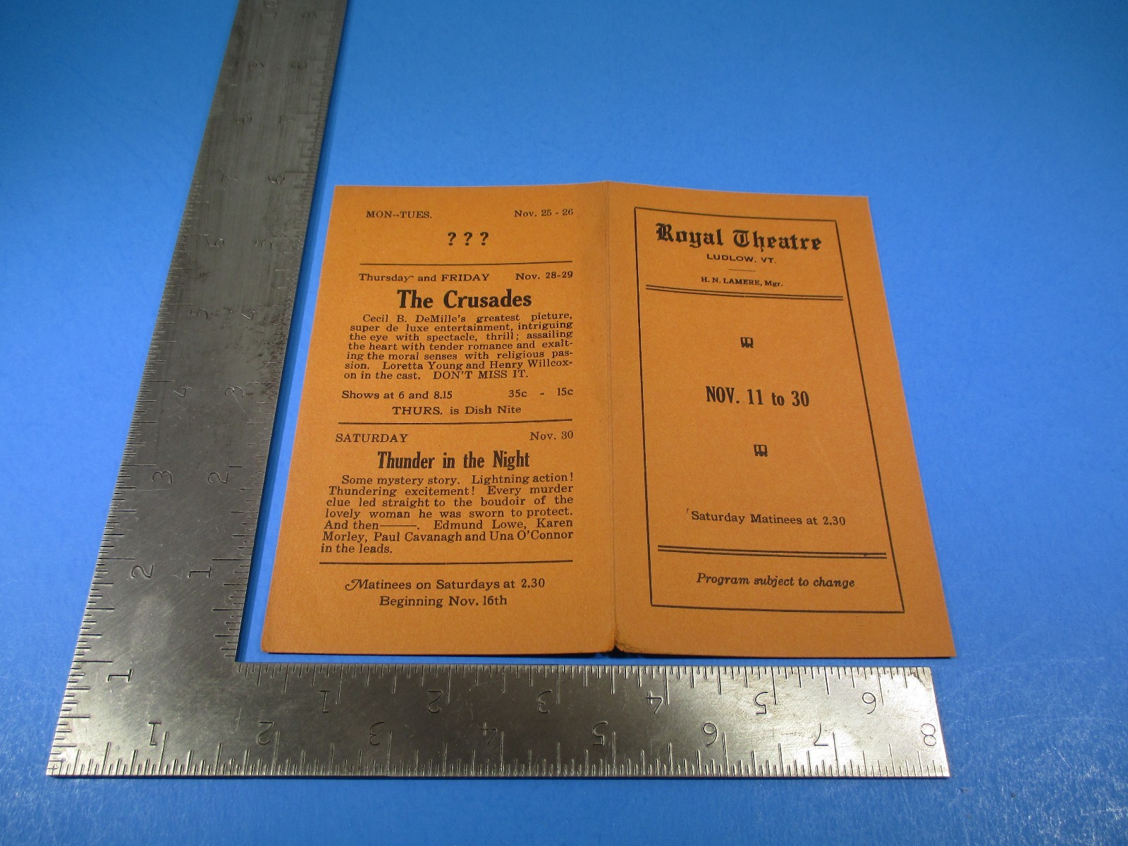 Vintage November 11th Royal Theatre Ludlow Vermont Play Programs and Times S5732