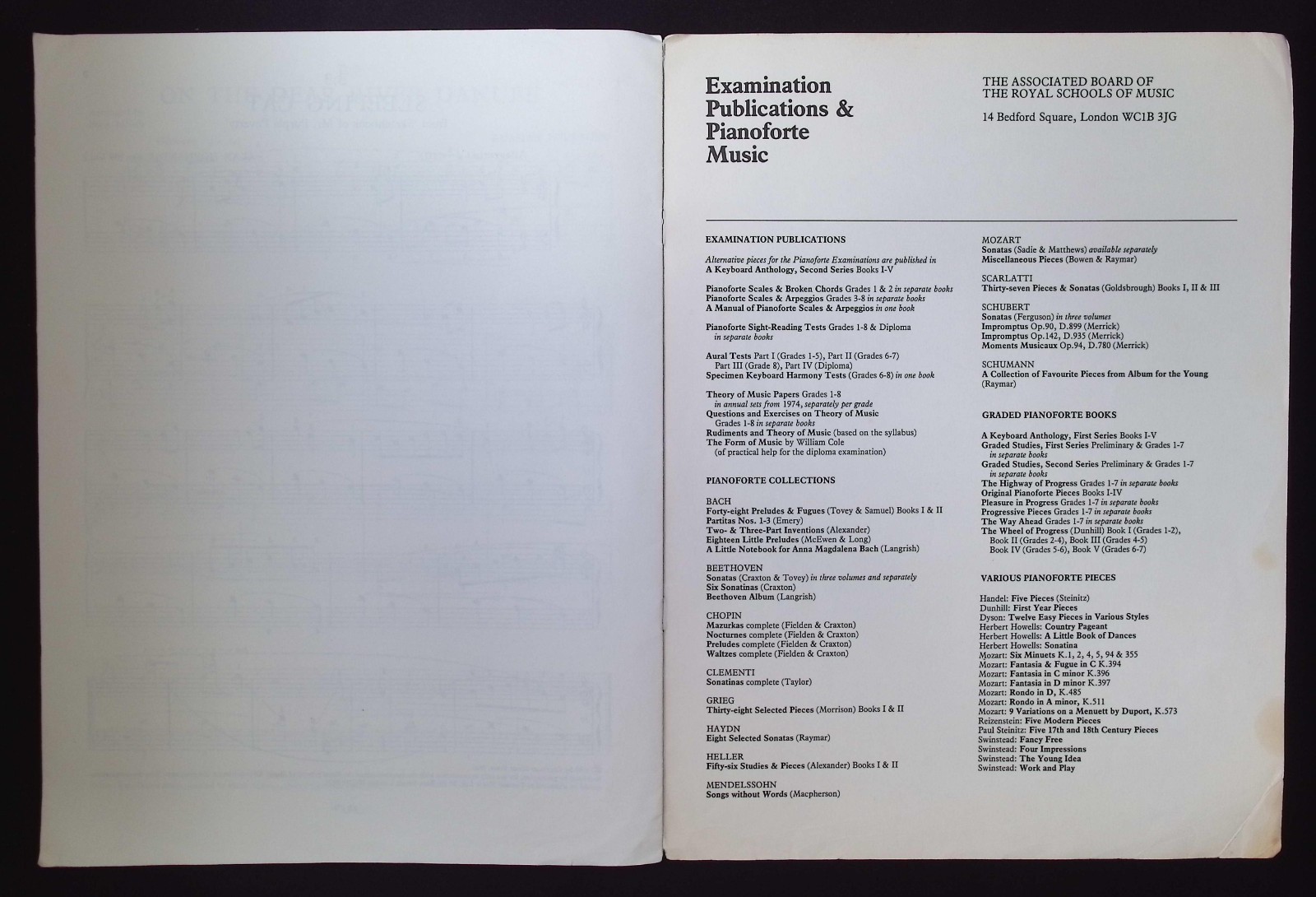 Royal Schools of Music Pianoforte Examination Pieces 1982 Grade 1 Lists A & B