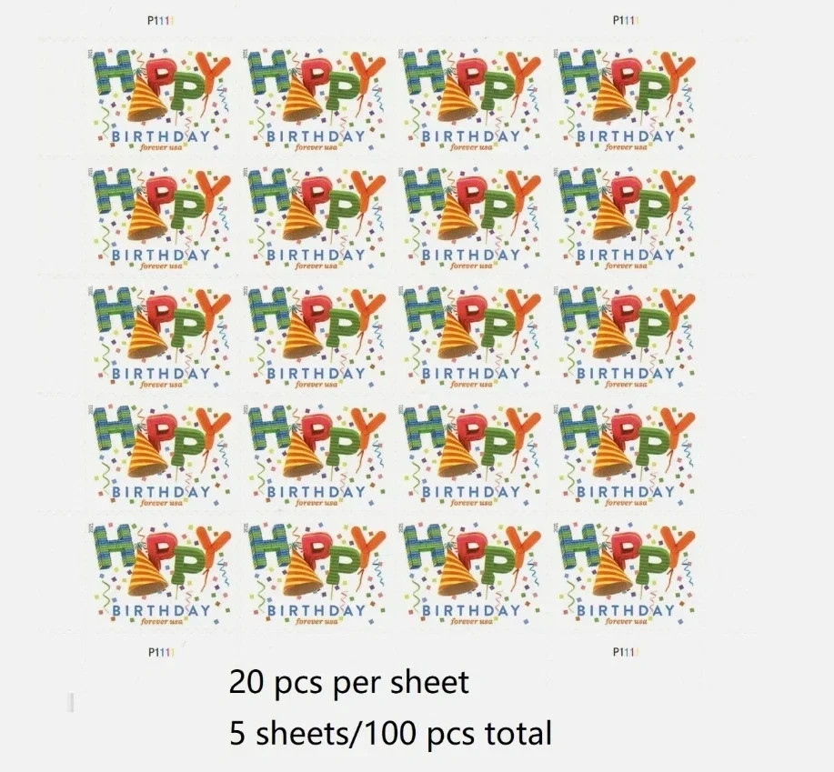 Sheet Of 100 Unused Forever First Class Happy Birthday Celebration Postage Stamp
