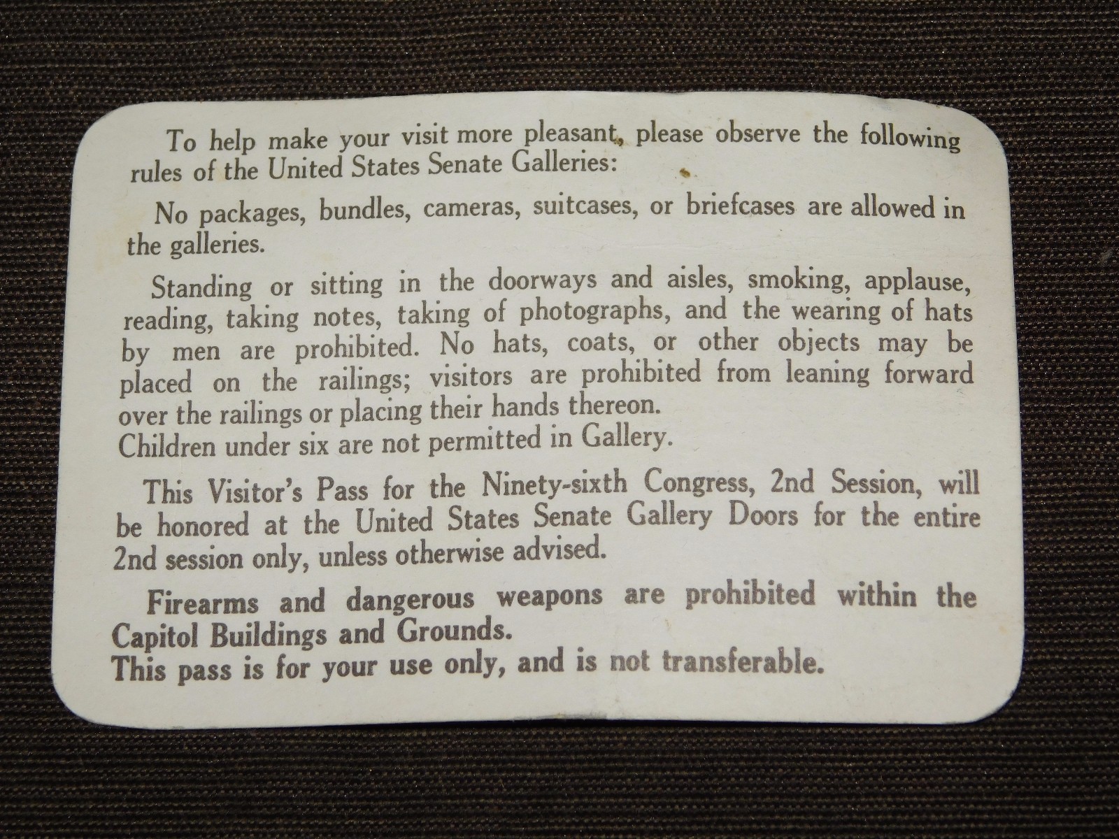 VINTAGE 1980 UNITED STATES SENATE CHAMBER WASHINGTON DC VISITORS PASS CARD