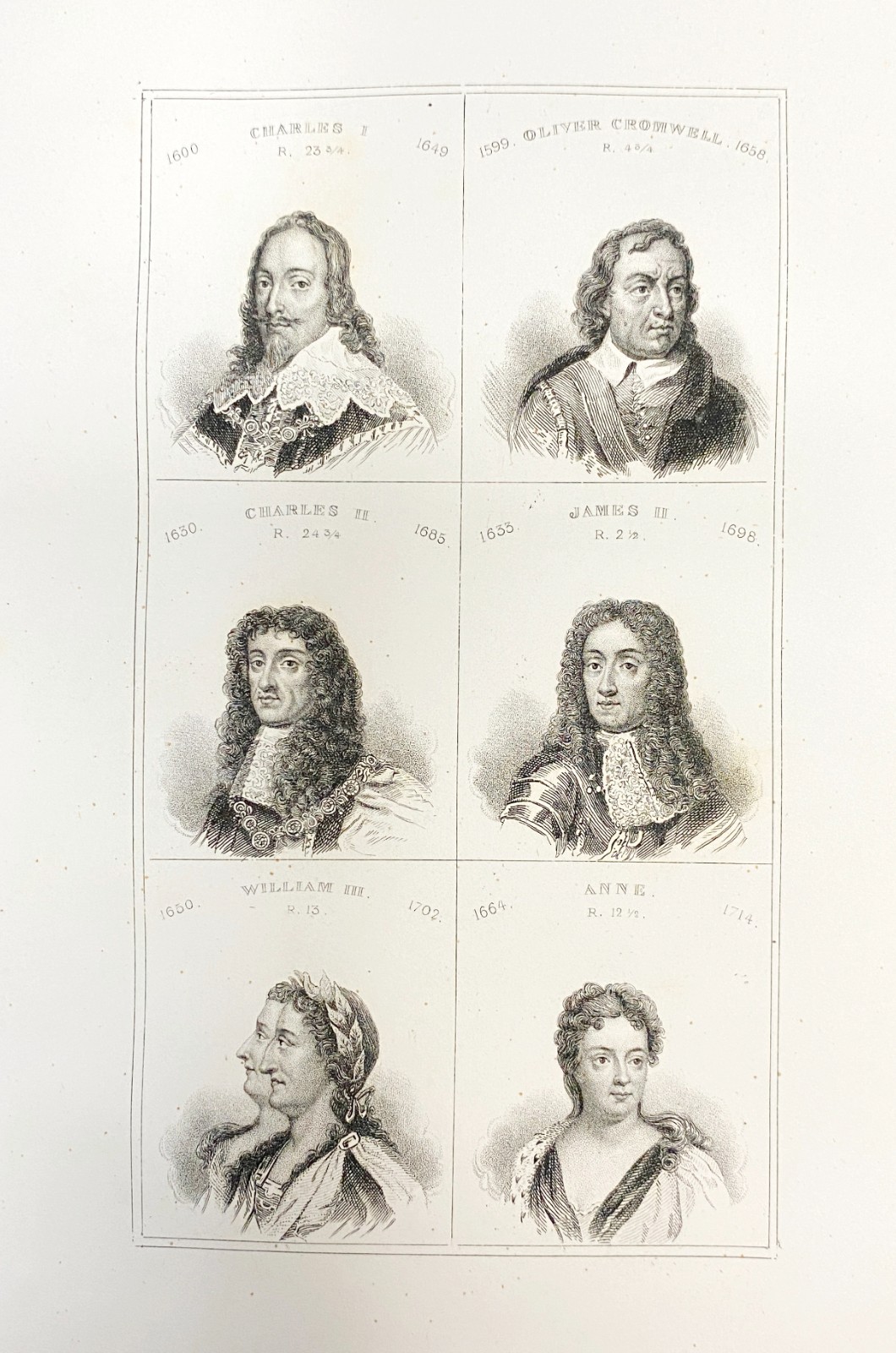 Engraving England “Charles I – II – Cromwell – James II – William III – Anne”