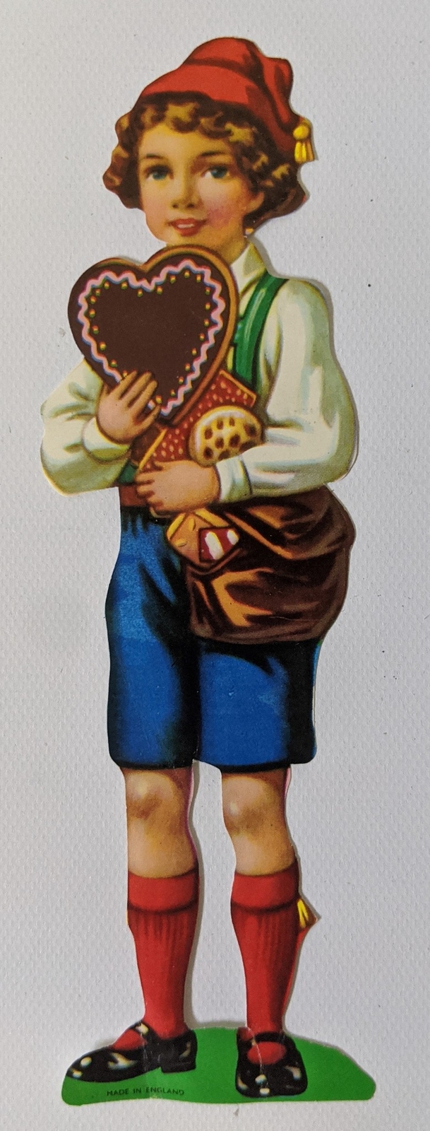 Adorable Vintage Antique Boy Carrying Heart & Sweets High Gloss Diecut Paper
