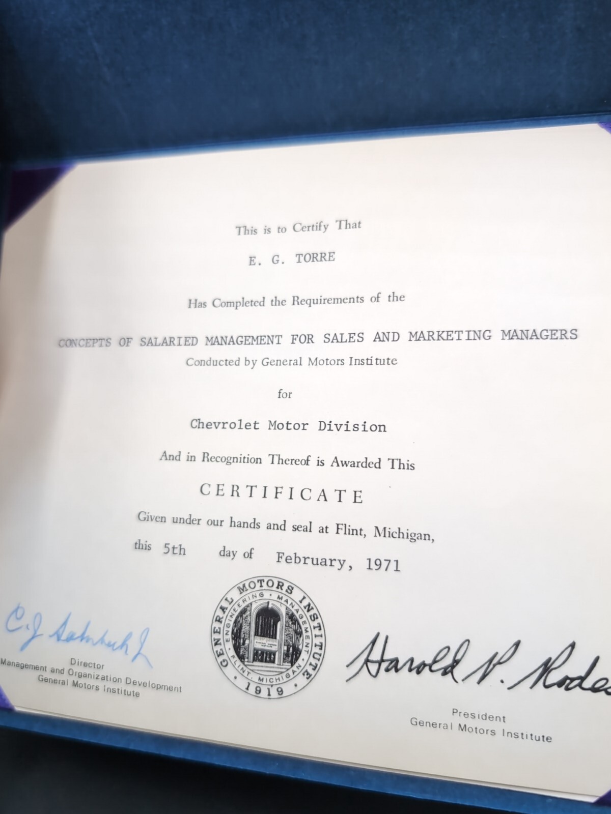 1971 General Motors Institute Salaried Manager Certificate Vintage Sales