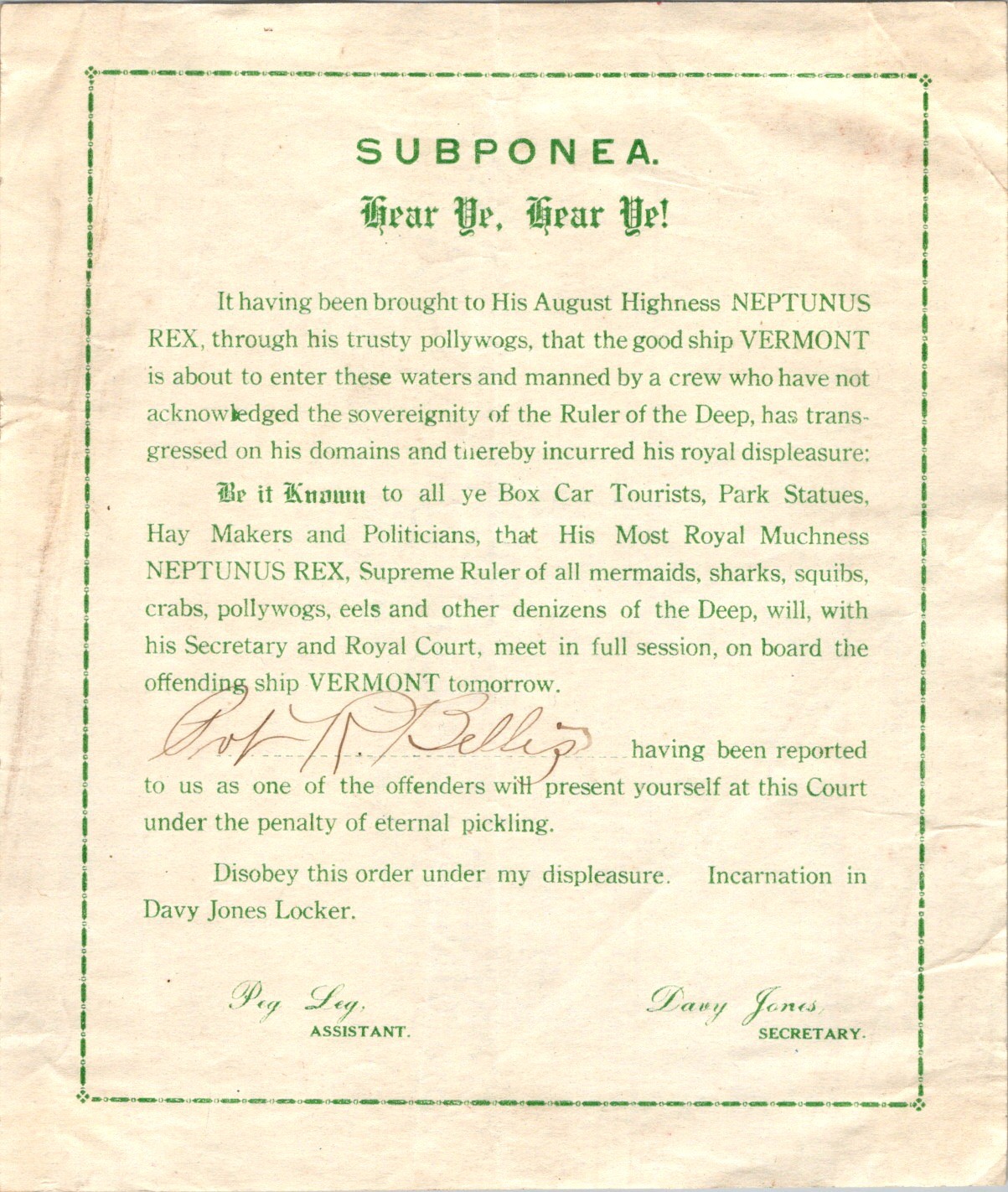 USS Vermont Subponea Neptune Crossing Line Ceremony c1910 Shellback Summons