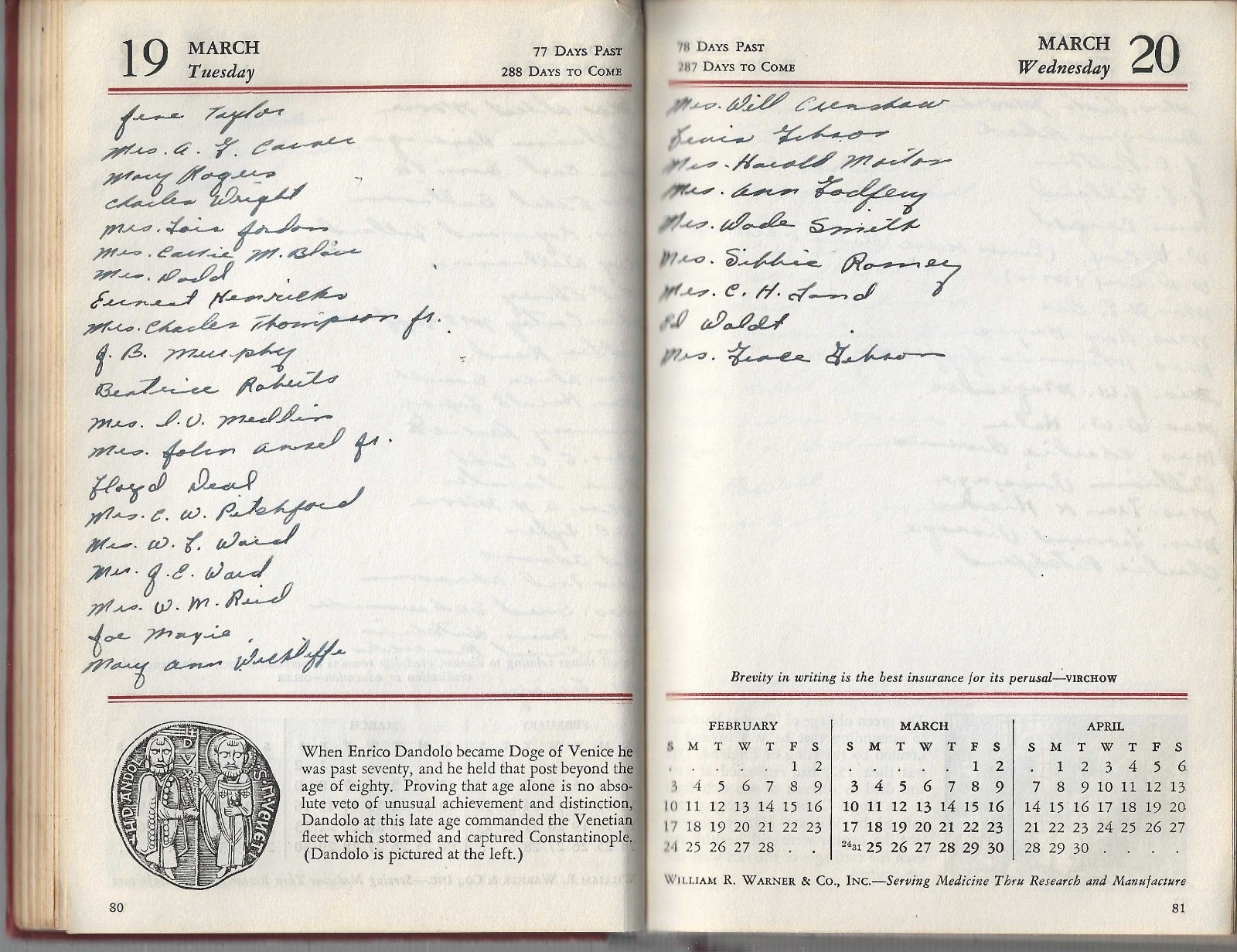 1946 WARNER’S CALENDAR OF MEDICAL HISTORY For The Use Of The Medical Profession