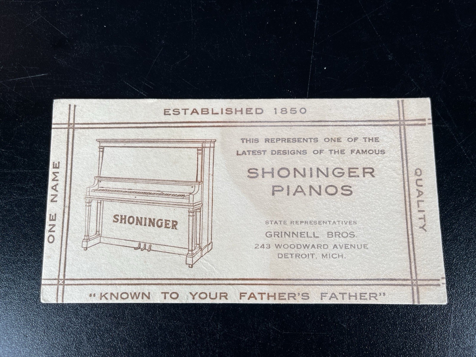 Vintage Shoninger Pianos Grinnell Bros Detroit Michigan Victorian Trade Card