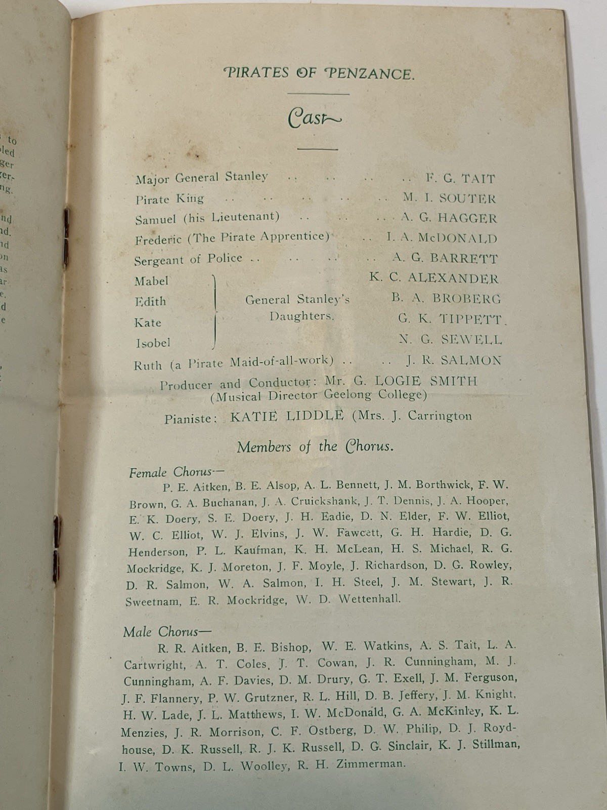 Geelong College Australia Glee Club Programme 1940’s Pirates Of Penzance