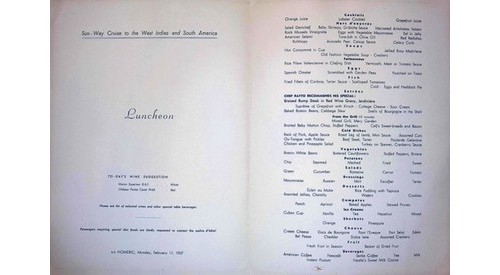 Homeric Home Lines Luncheon Menu 1957 Sun-Way Cruise West Indies & South America