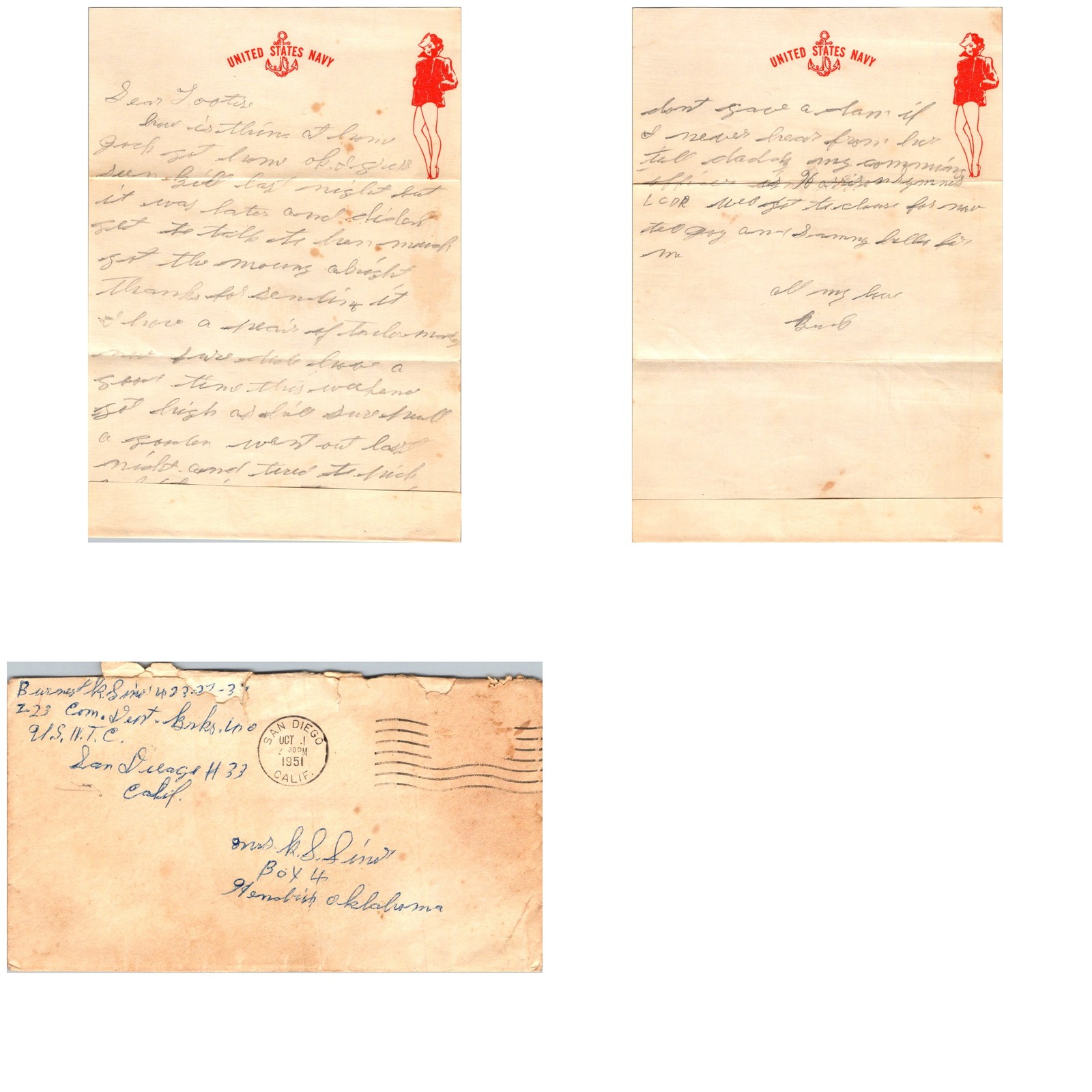 Korean War US Navy Letter San Diego Pin-Up Stationery Envelope 1923 Cursive