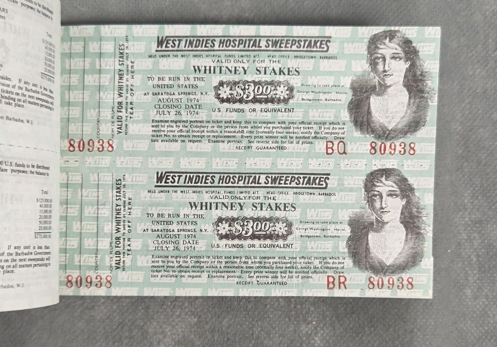 Vintage 1974 WEST INDIES HOSPITAL Advertising SWEEPSTAKES Ticket Book PRIZE LIST