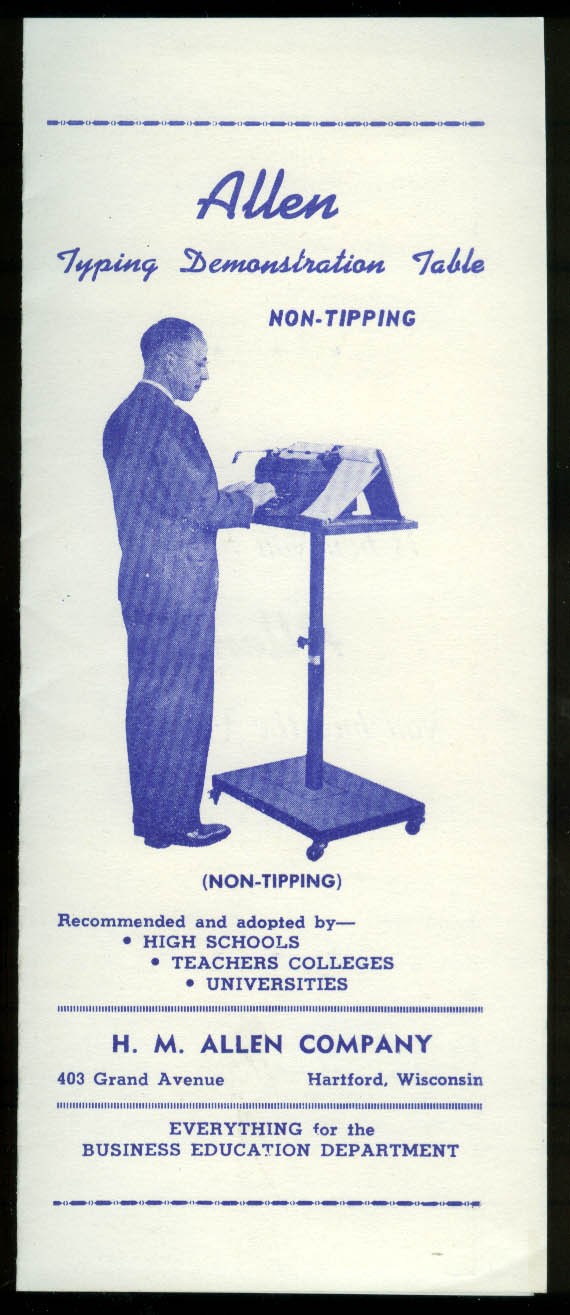 H M Allen Typing Demonstration Non-tipping Table sales folder ca 1940s
