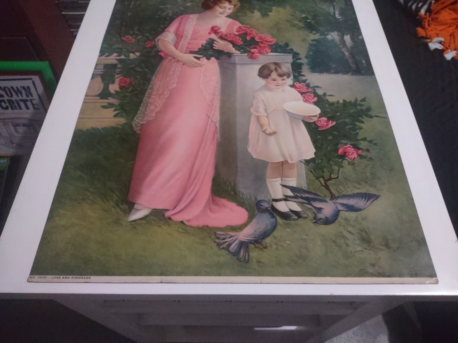 EARLY 1900’S VINTAGE CHROMOLITHOGRAPH PRINT YOUNG WOMAN & CHILD W/FLOWERS ROSES