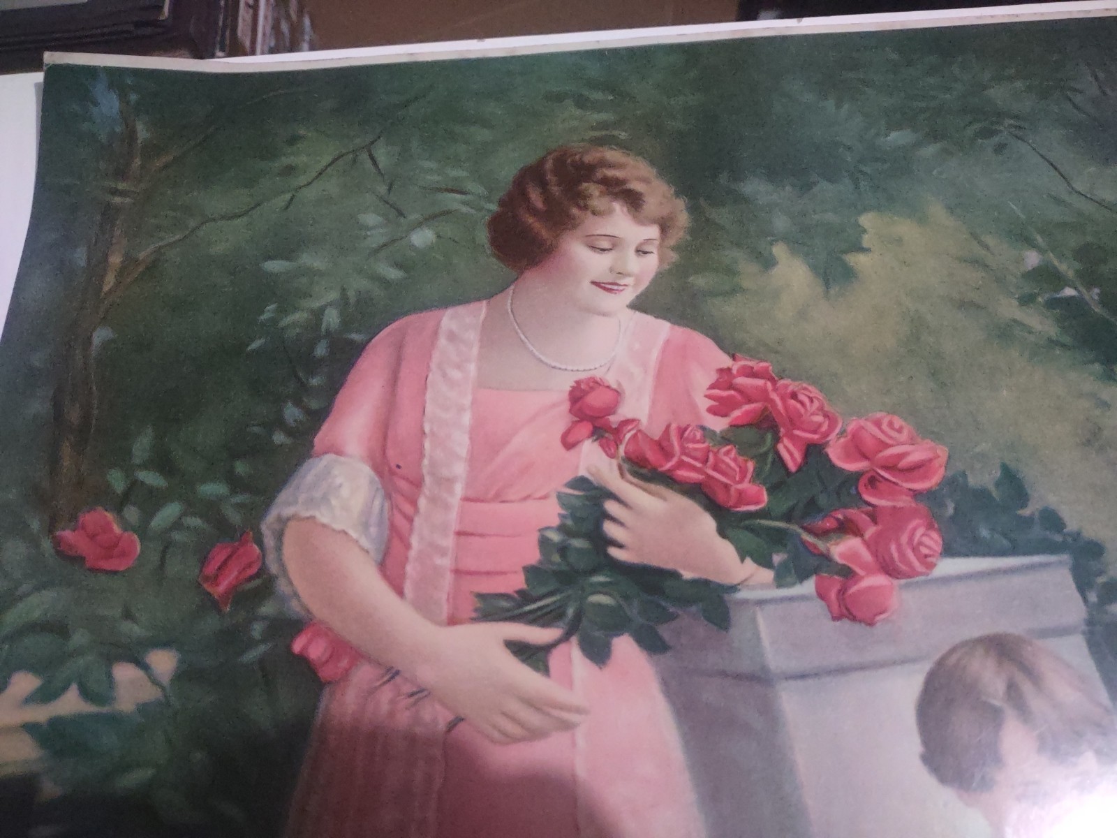 EARLY 1900’S VINTAGE CHROMOLITHOGRAPH PRINT YOUNG WOMAN & CHILD W/FLOWERS ROSES