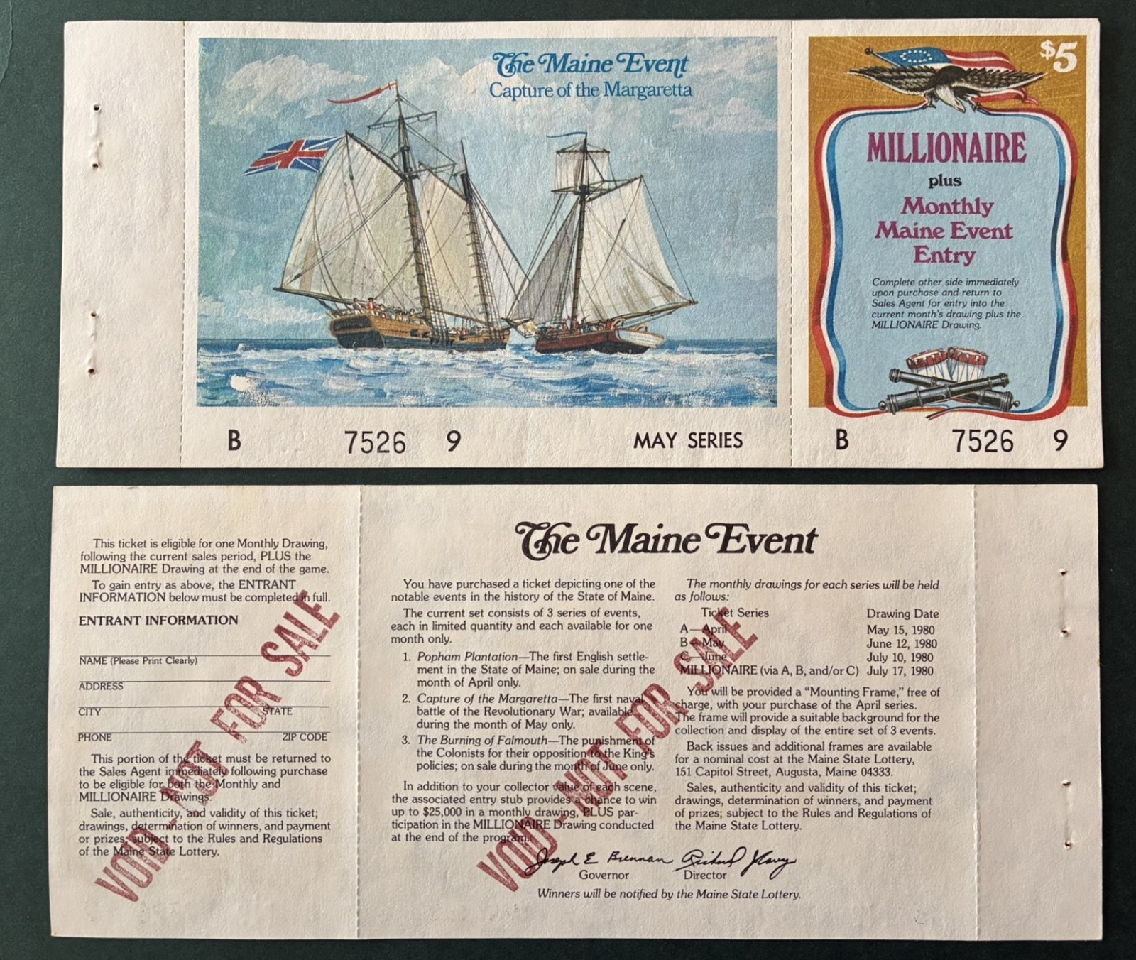 1980 Maine Millionaire Lottery Ticket 1st Revolution Naval Battle, no cash value