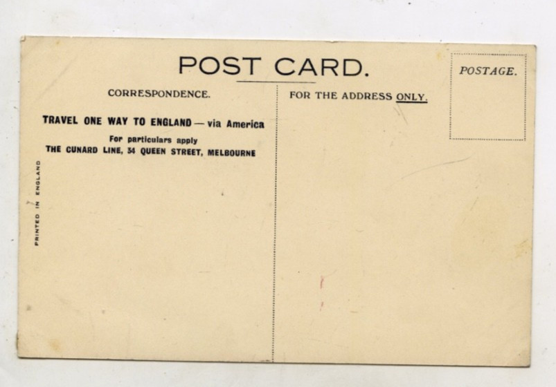 C1910 ADVERT AUS POSTCARD TRAVEL ENGLAND CUNARD LINE MAURETANIA MELBOURNE P91