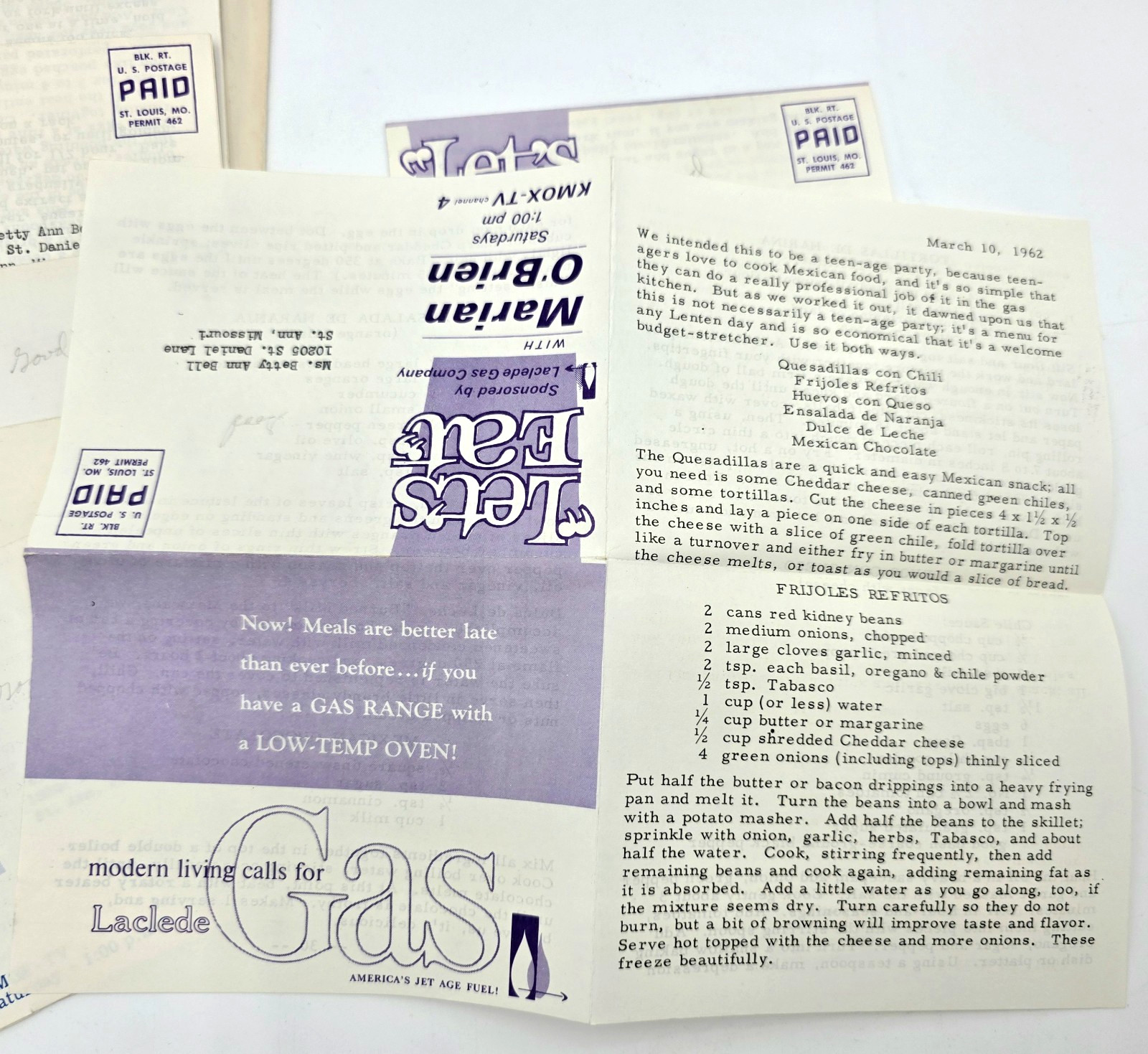 Marian OBrien Lets Eat Recipe Cards 1962 Laclede Gas VTG TV Mailer Lot 11