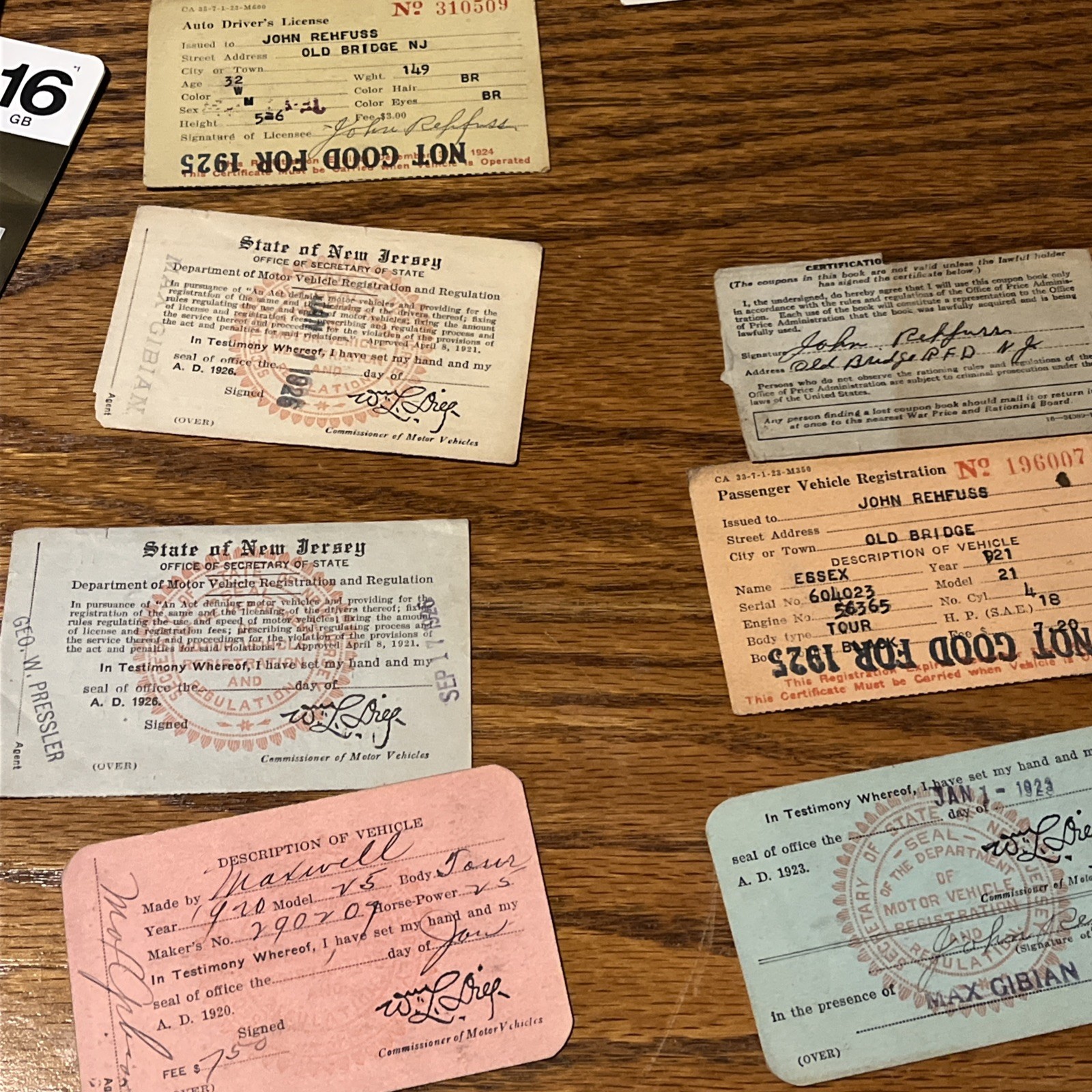 1926 New Jersey Auto Driver’s License – mix of 1920s vehicle registration