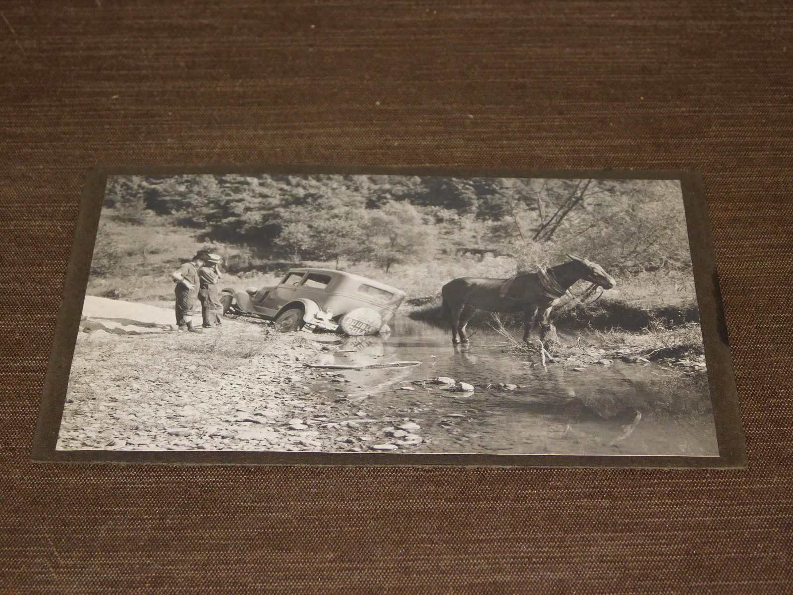 VINTAGE 6 1/2″ X 4 3/4″ OLD DOUBLE COLA TRUCK & HORSE IN RIVER STREAM PHOTO