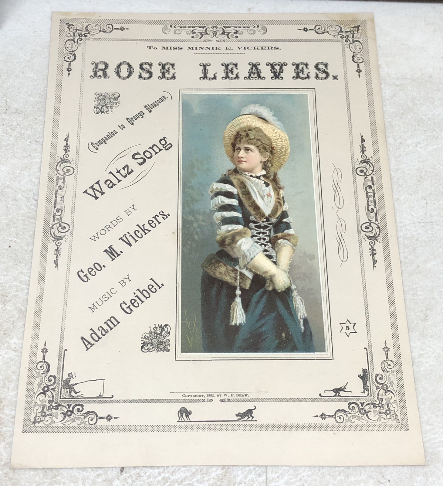 Antique c1882 Music Sheet Opera Cover Print w/ Color Print ROSE LEAVES – L6