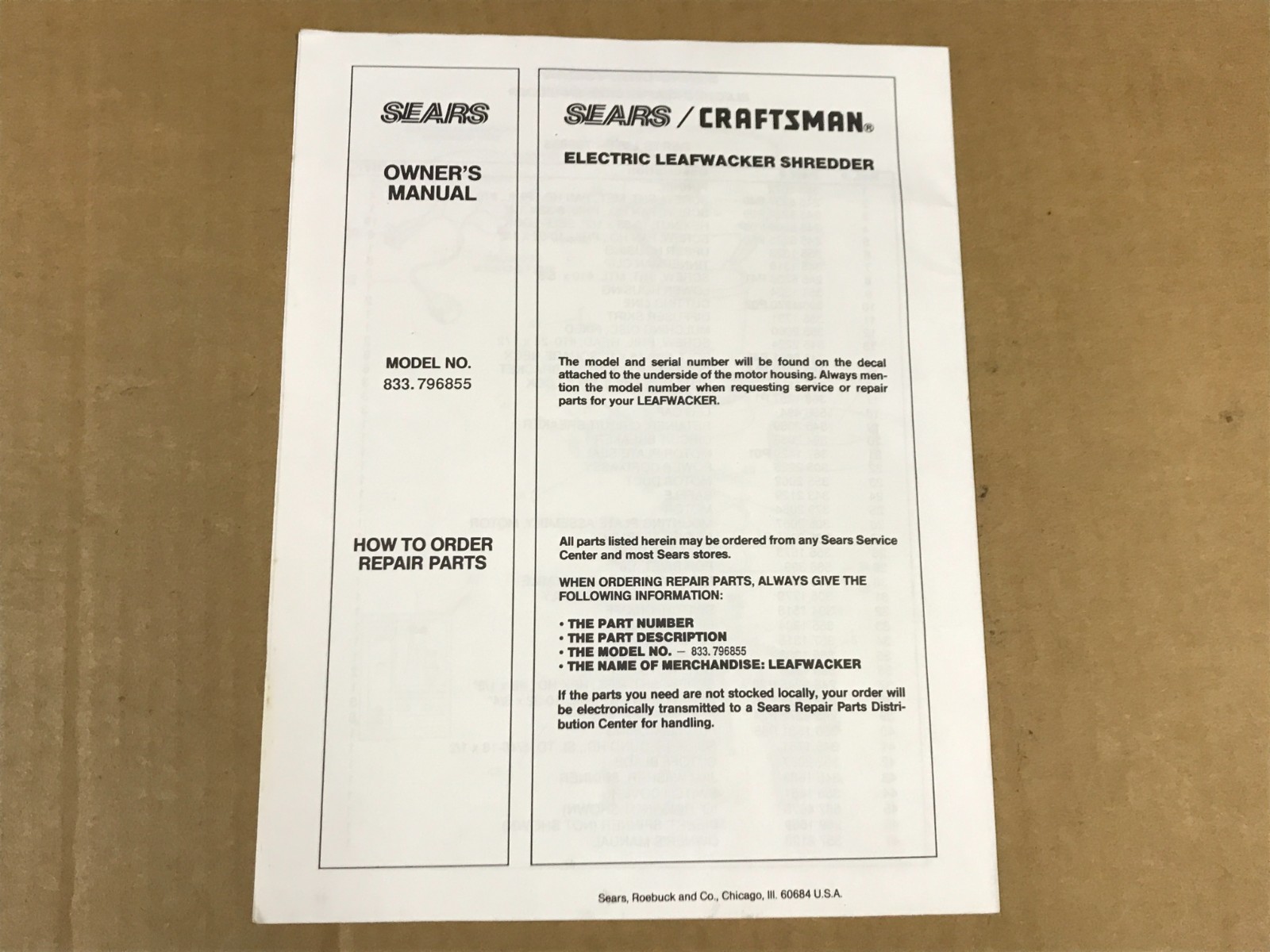 Vintage Sears/Craftsman Electric Leafwacker Shredder Owner’s Manual – No.833.796