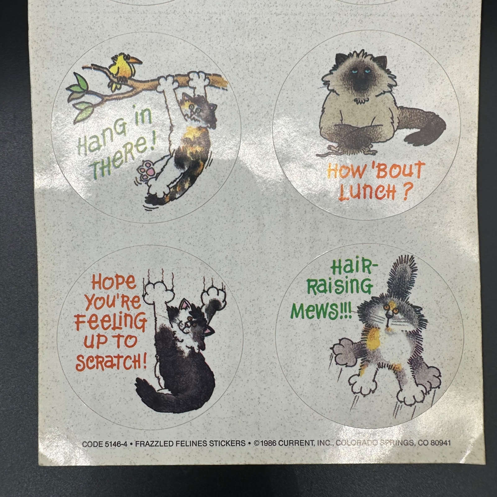 Vintage Kitty Cat Stickers Frazzled Felines 1986 Current Kitschy Humor Round 80s