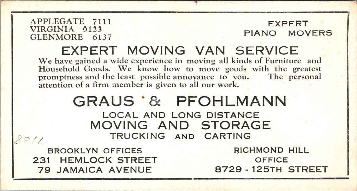 Graus & Pfohlmann Moving Blotter c1940s NYC Brooklyn Piano Movers Ad