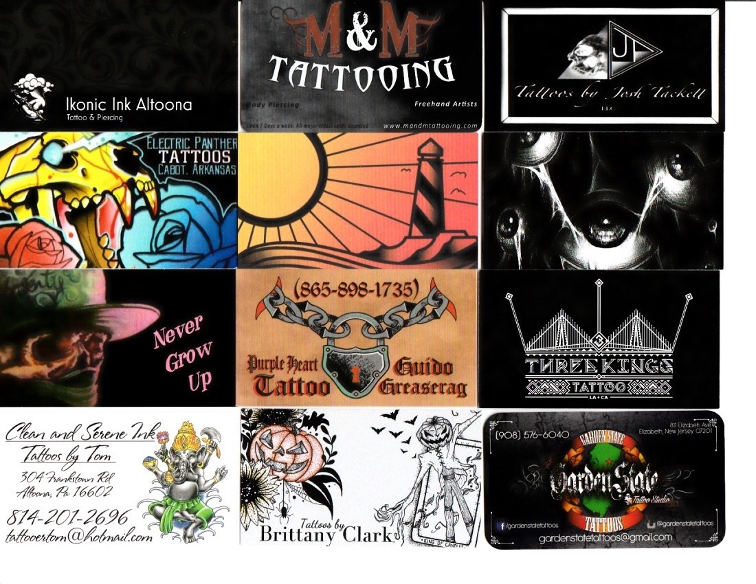 100 Different American Tattoo Shop Business Cards Set 1