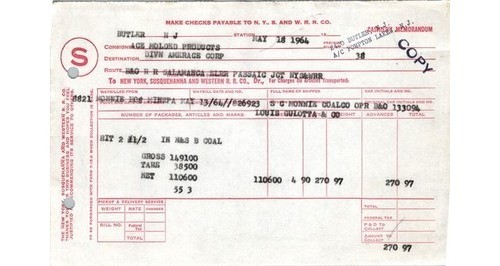 NYS & W Railroad 1964 Cashier’s Memo Coal Freight Bill Butler NJ Railroadiana