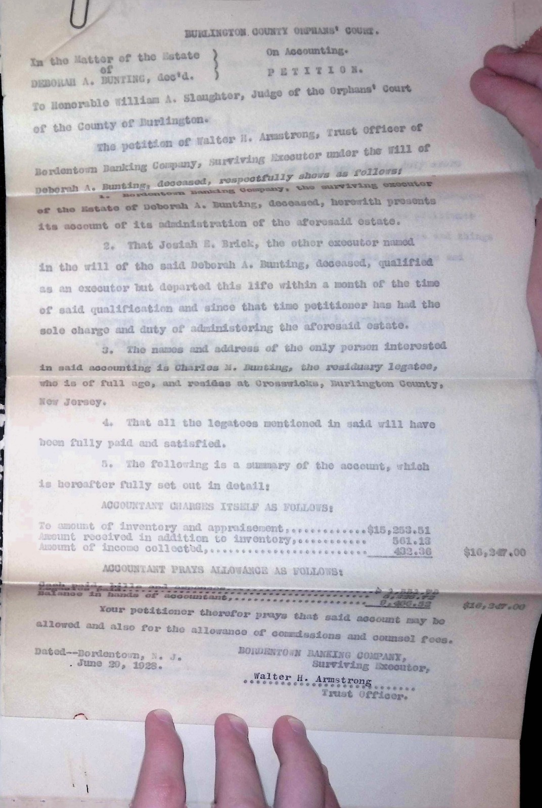 Burlington Co NJ Estate Account Orphans Court Legal Form c1890s