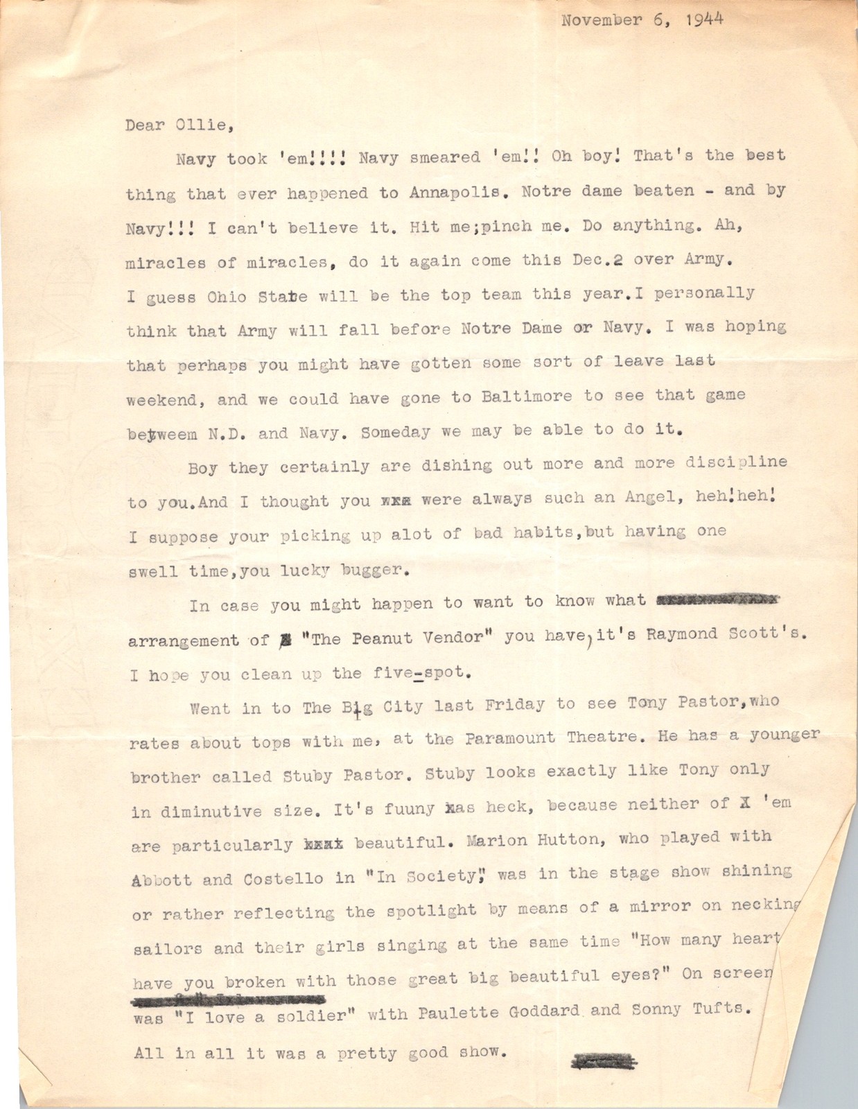 1944 WWII Navy Personal Letter Oliver Odell Deane Typewritten Correspondence