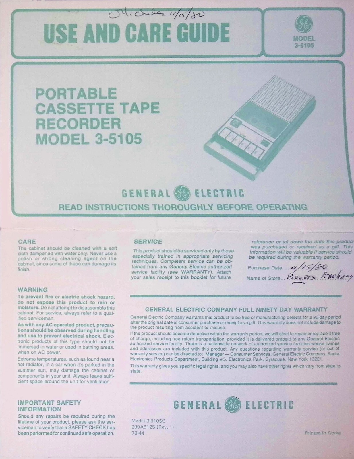 General Electric 3-5105 Portable Cassette Recorder Use Care Guide 1980