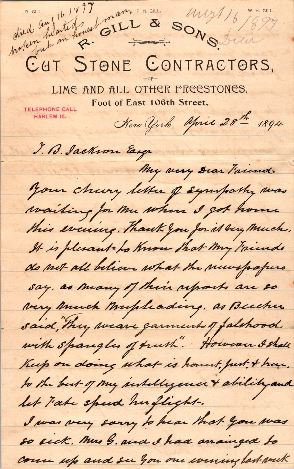 1894 R Gill & Sons Cut Stone Contractors NYC Handwritten Letter w/ Beecher Quote