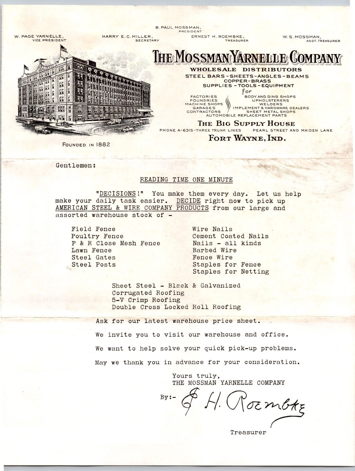 ANTIQUE LETTERHEAD UNKNOWN YEAR MOSSMAN YARNELLE CO FORT WAYNE IND