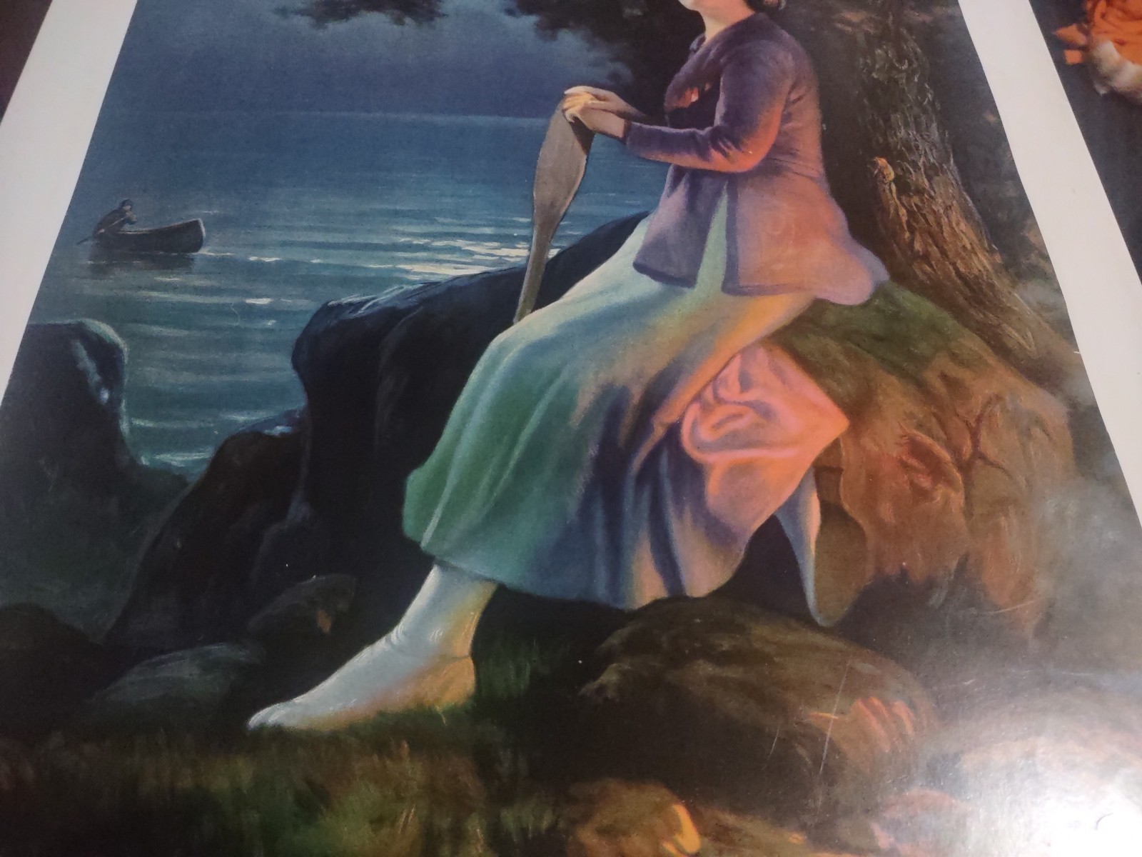 EARLY 1900’S VINTAGE CHROMOLITHOGRAPH PRINT YOUNG WOMAN MOONLIGHT CANOE PADDLE