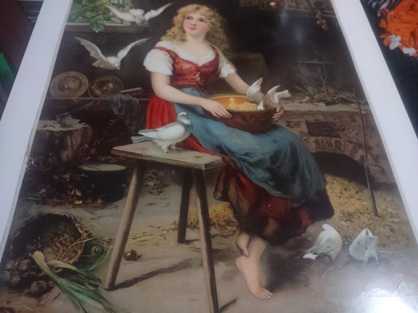 VINTAGE LATE 1800’S CHROMOLITHOGRAPH PRINT K. SCHELLBACH CINDERELLA BIRDS