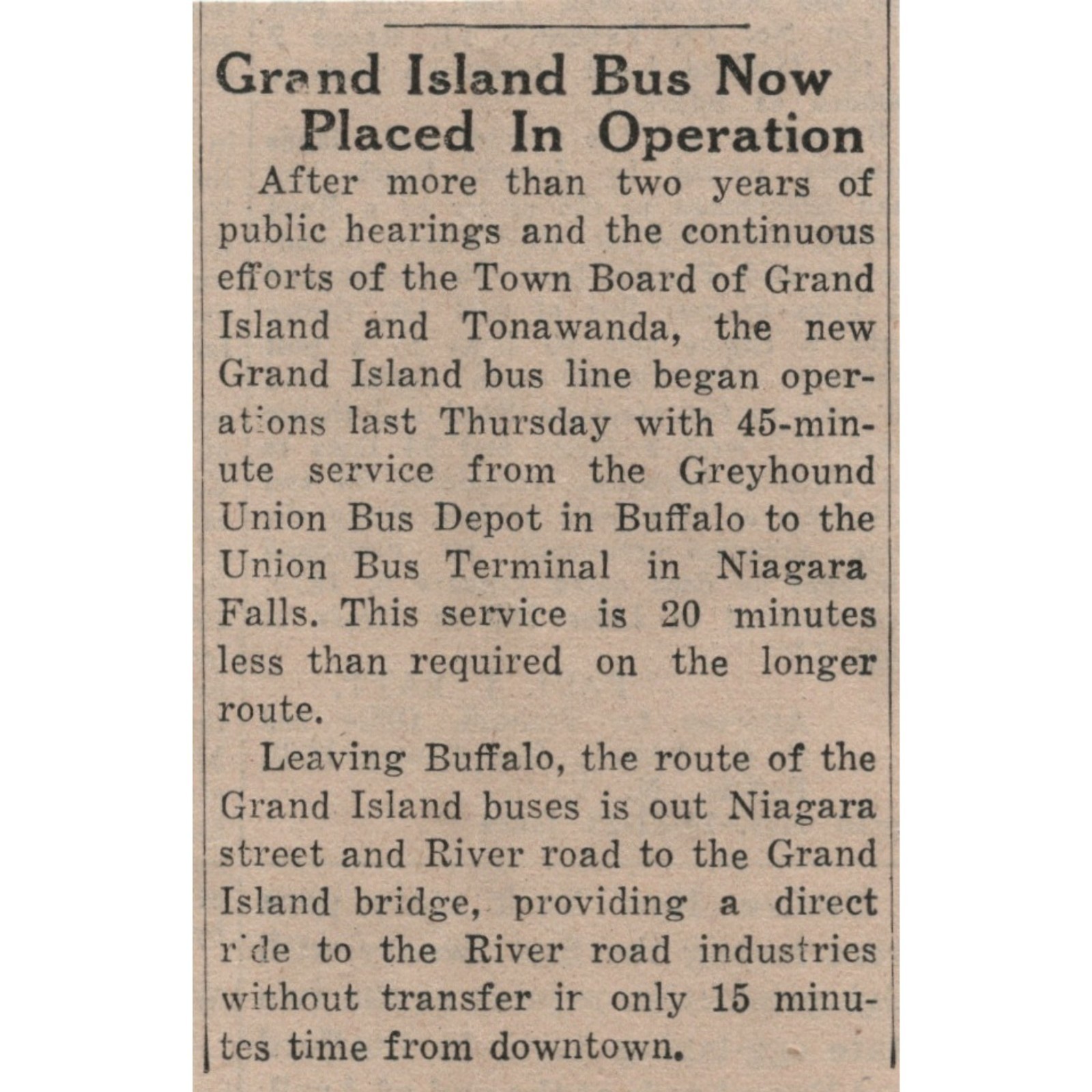 Grand Island Bus Line 1938 Newspaper Clipping Buffalo NY Niagara Greyhound Depot