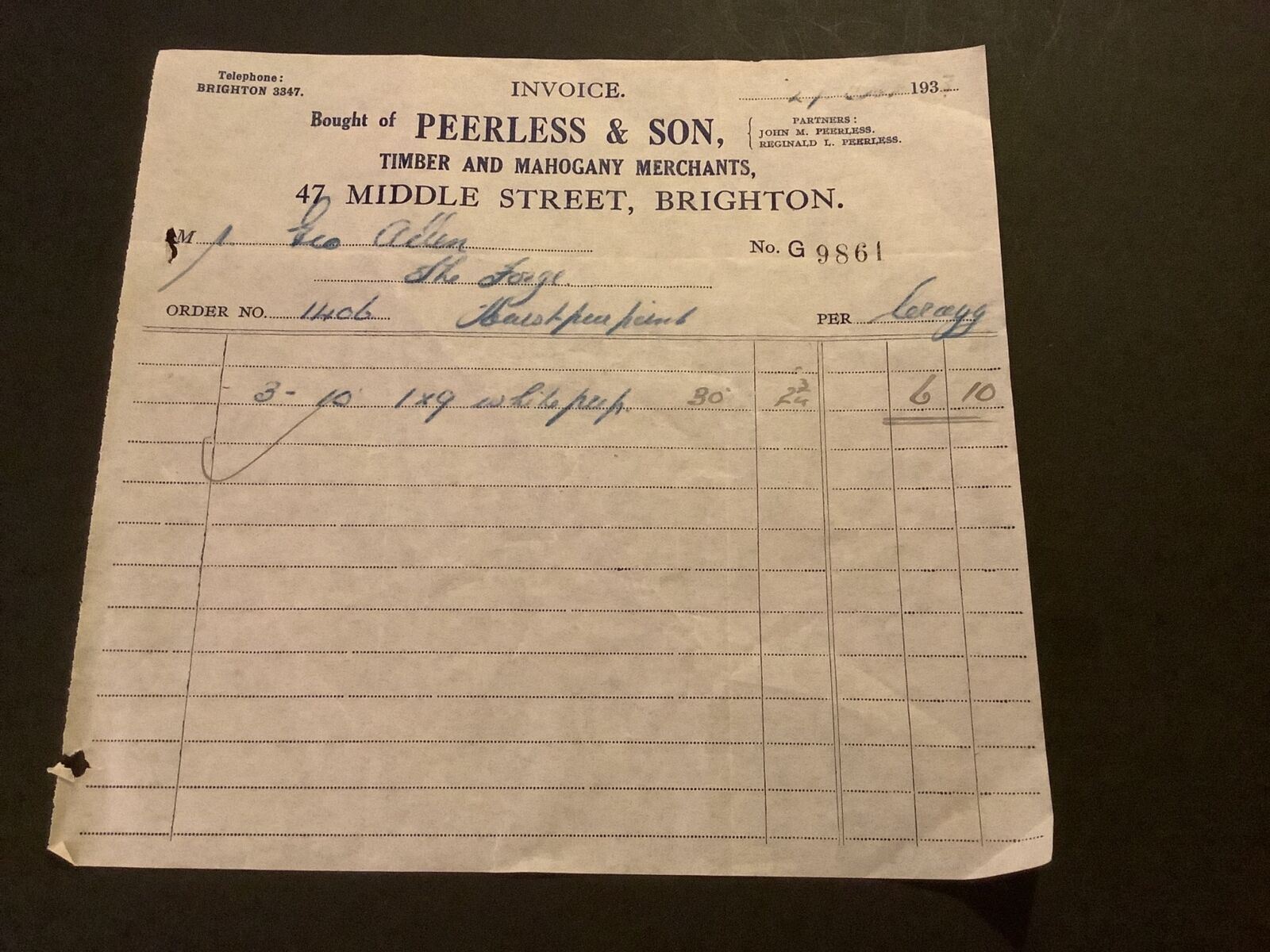 Peerless & Son Timber & Mahogany Merchants Brighton 1933 Receipt R41443