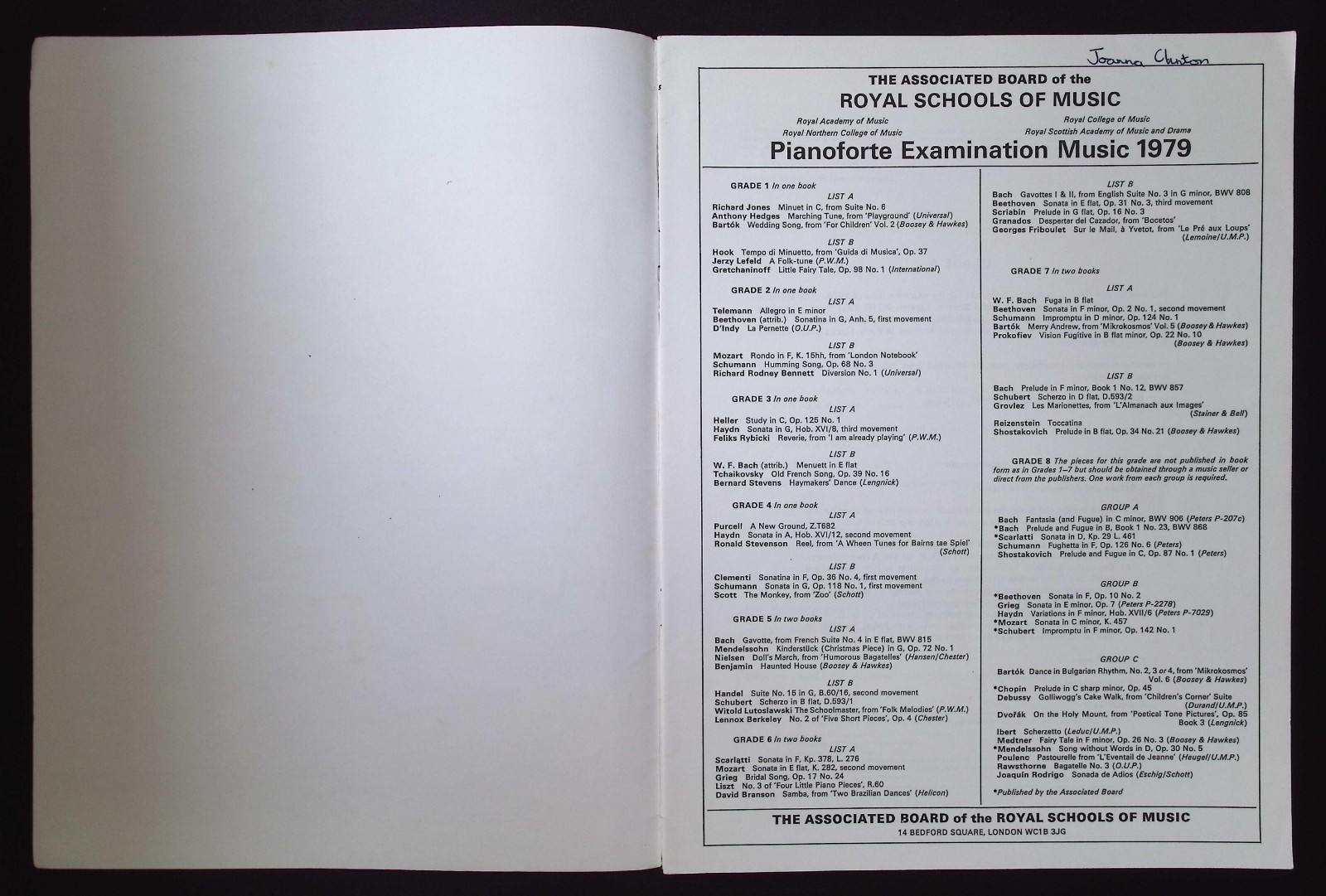 Royal Schools of Music Pianoforte Examinations 1979 Grade 5 List B