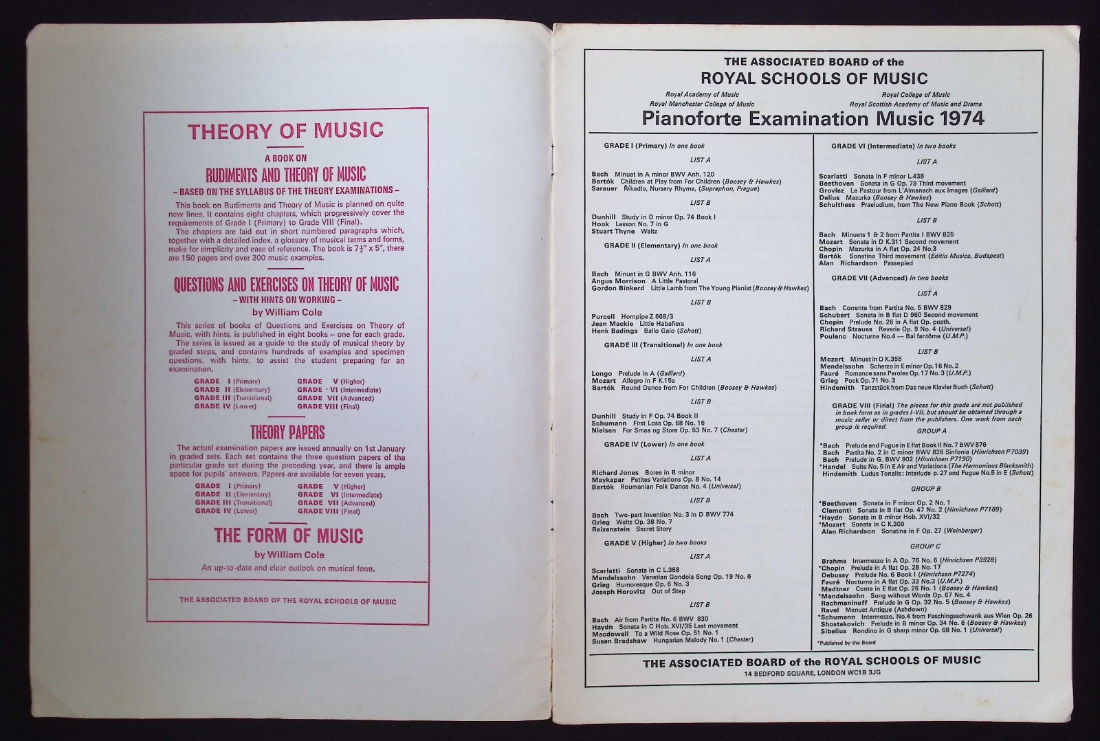 Royal Schools of Music Pianoforte Examinations 1974 Grade II Lists A&B Elementar